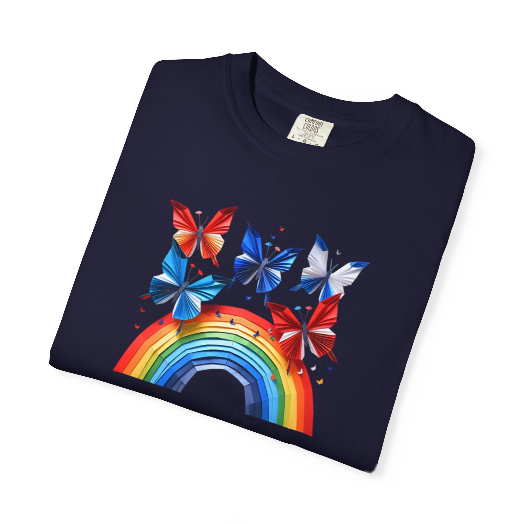 Positive Vibes Tee — Rainbow and Butterflies Graphic Design Tee