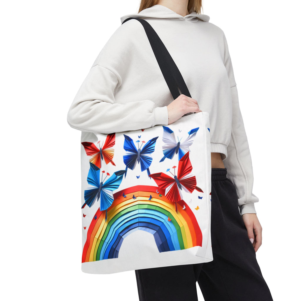 Positive Energy Tote Bag — Colorful Rainbow and Butterflies Graphic Design