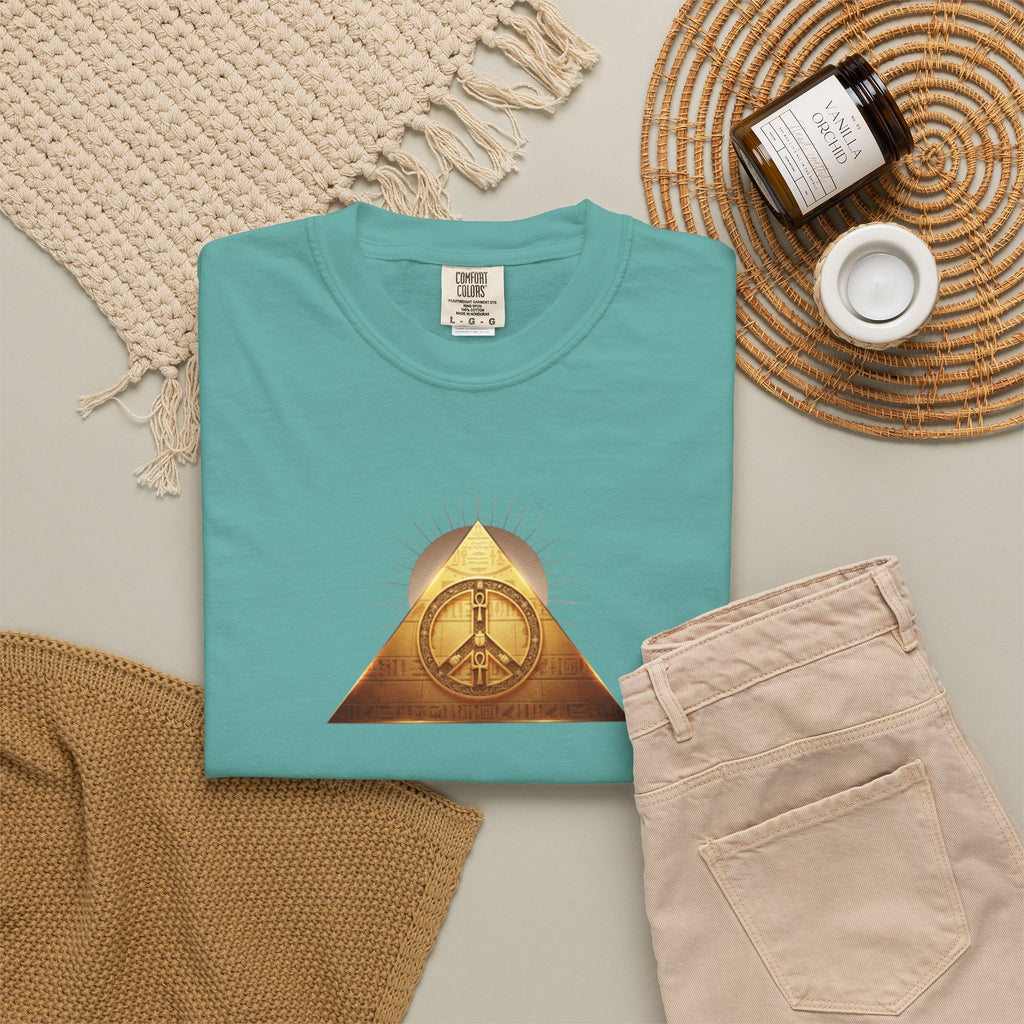 Gold Peace Pyramid Tee — Radiant Sun Graphic T-Shirt