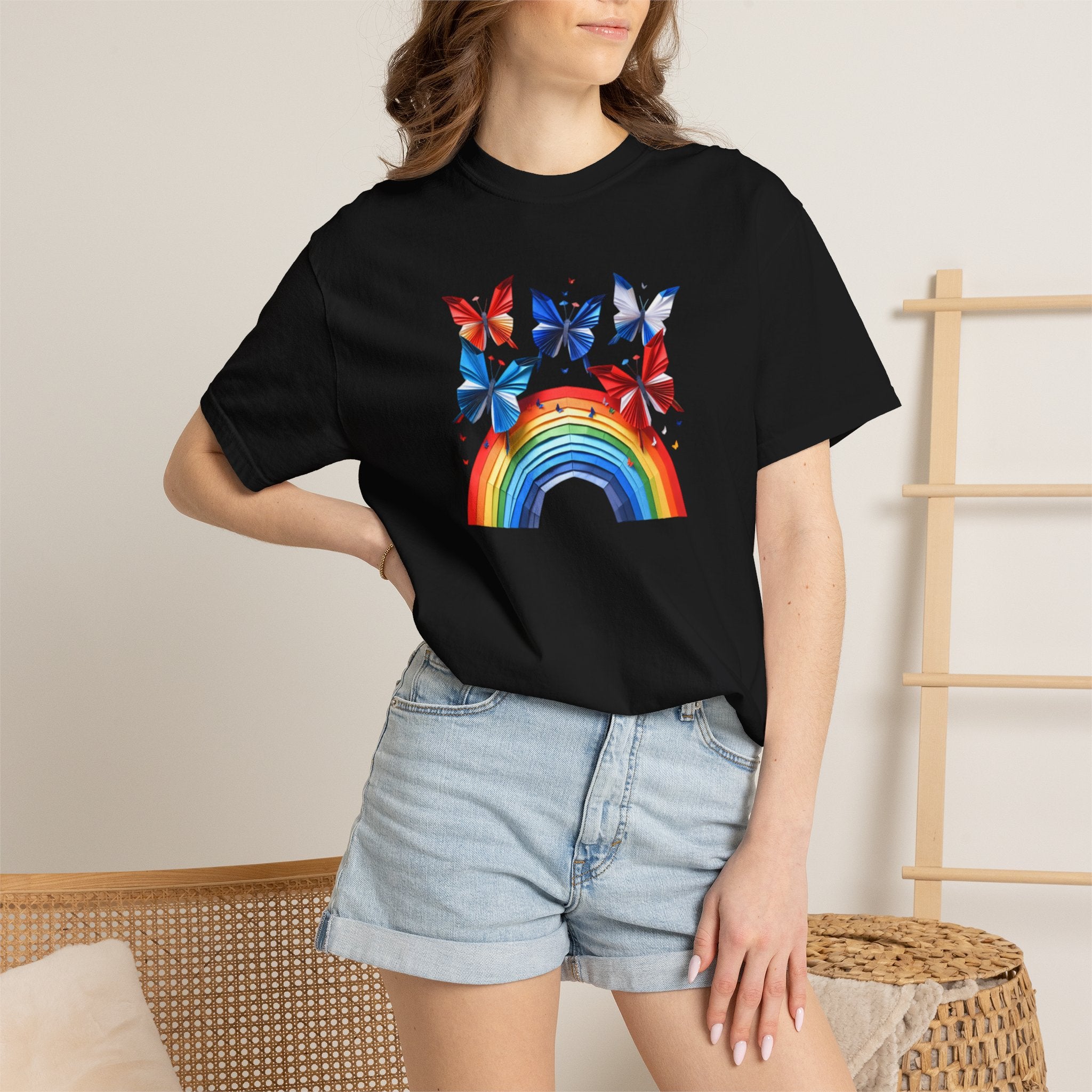 Positive Vibes Tee — Rainbow and Butterflies Graphic Design Tee
