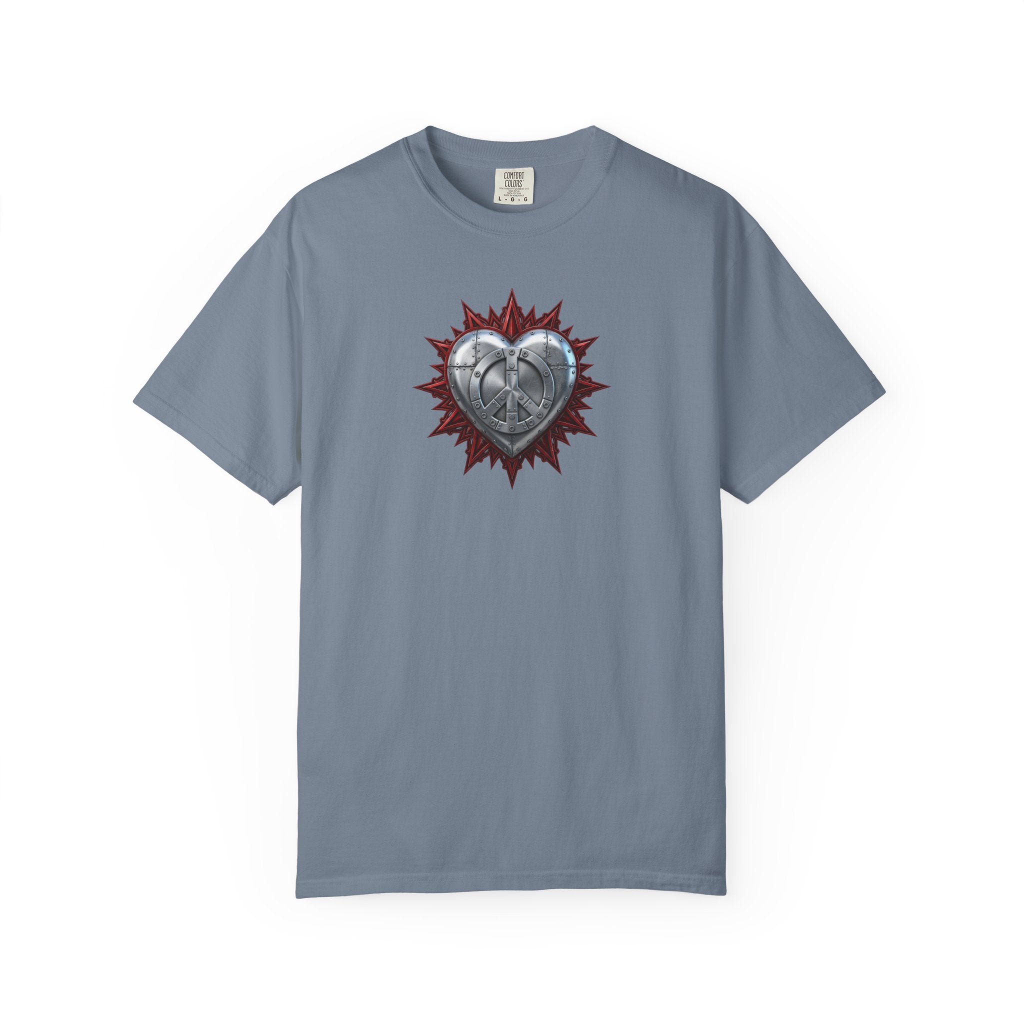 Fortified Peace Graphic T-Shirt  —  Metallic Heart and Peace Sign Graphic Design T-Shirt