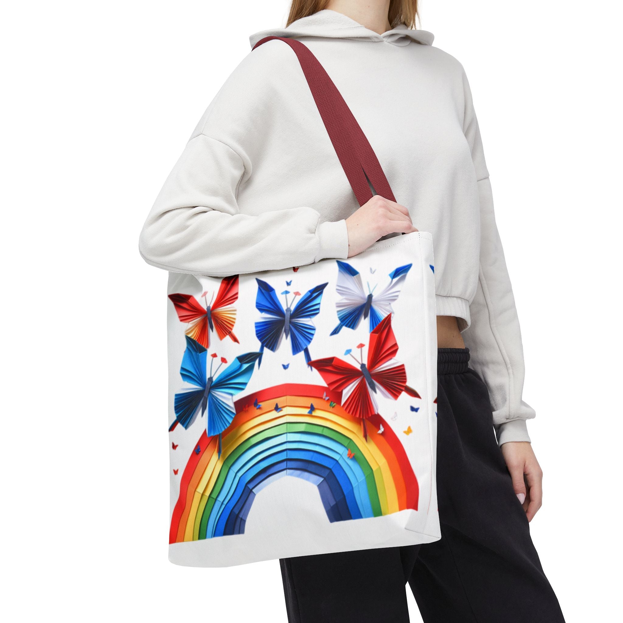 Positive Energy Tote Bag — Colorful Rainbow and Butterflies Graphic Design