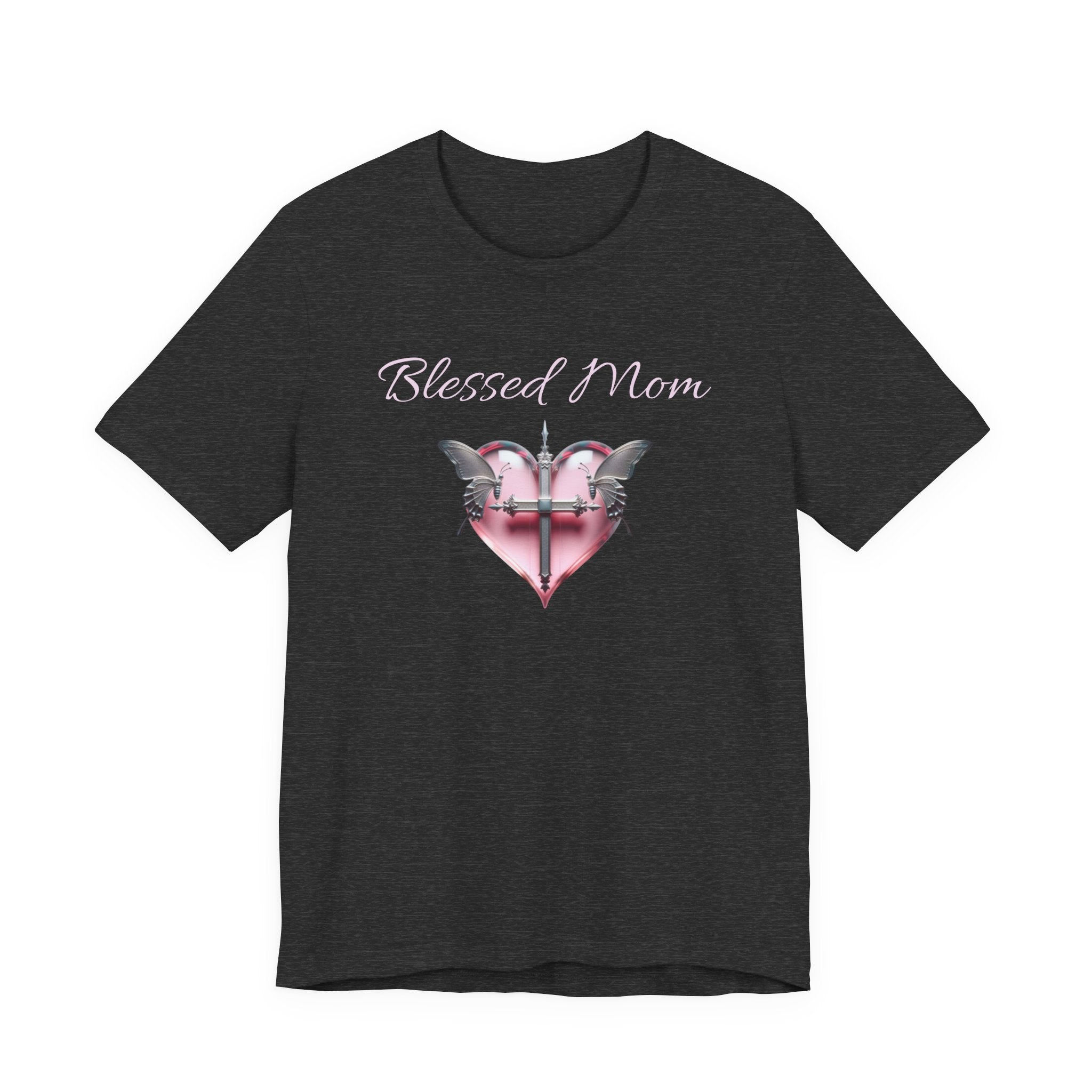 Blessed Mom Graphic Design T-Shirt - Pink Heart and Silver Gothic Cross with Butterflies