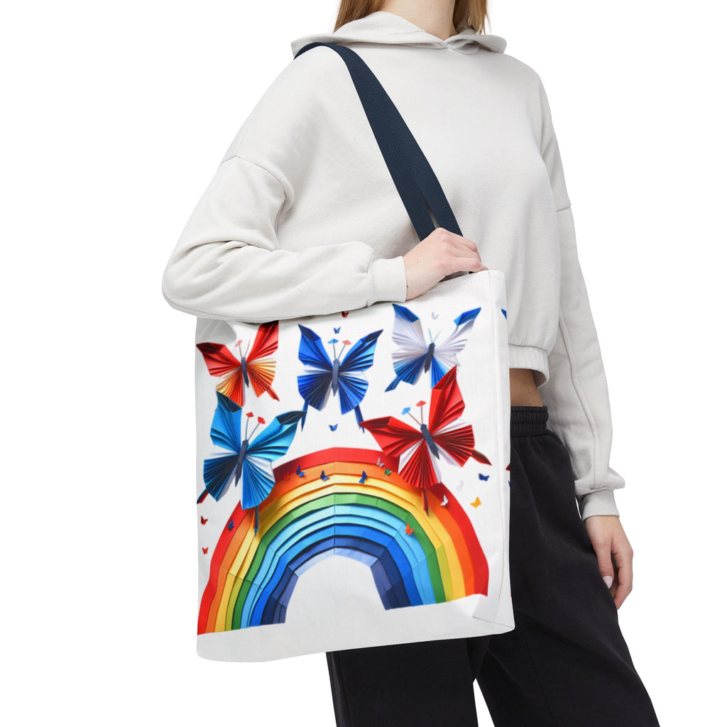 Positive Energy Tote Bag — Colorful Rainbow and Butterflies Graphic Design