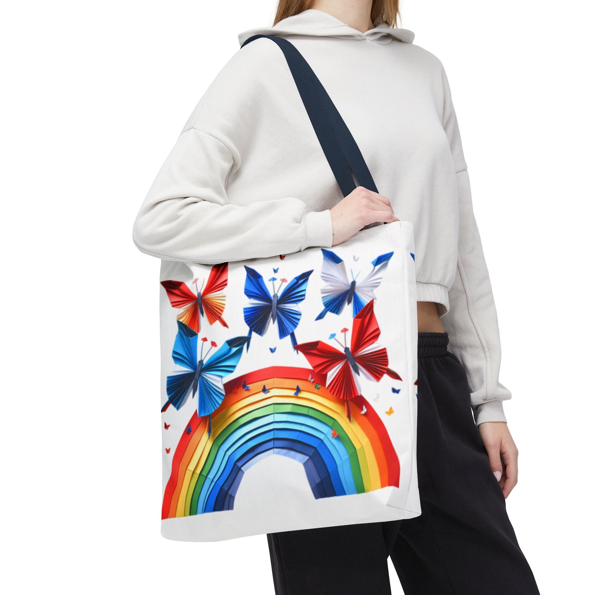 Positive Energy Tote Bag — Colorful Rainbow and Butterflies Graphic Design