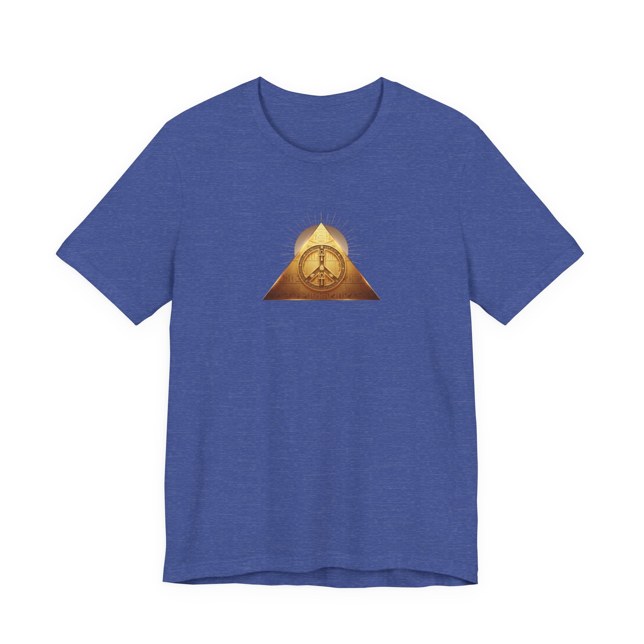 Gold Peace Pyramid  Graphic T-Shirt — Egyptian Pyramid and Golden Peace Symbol Graphic Design