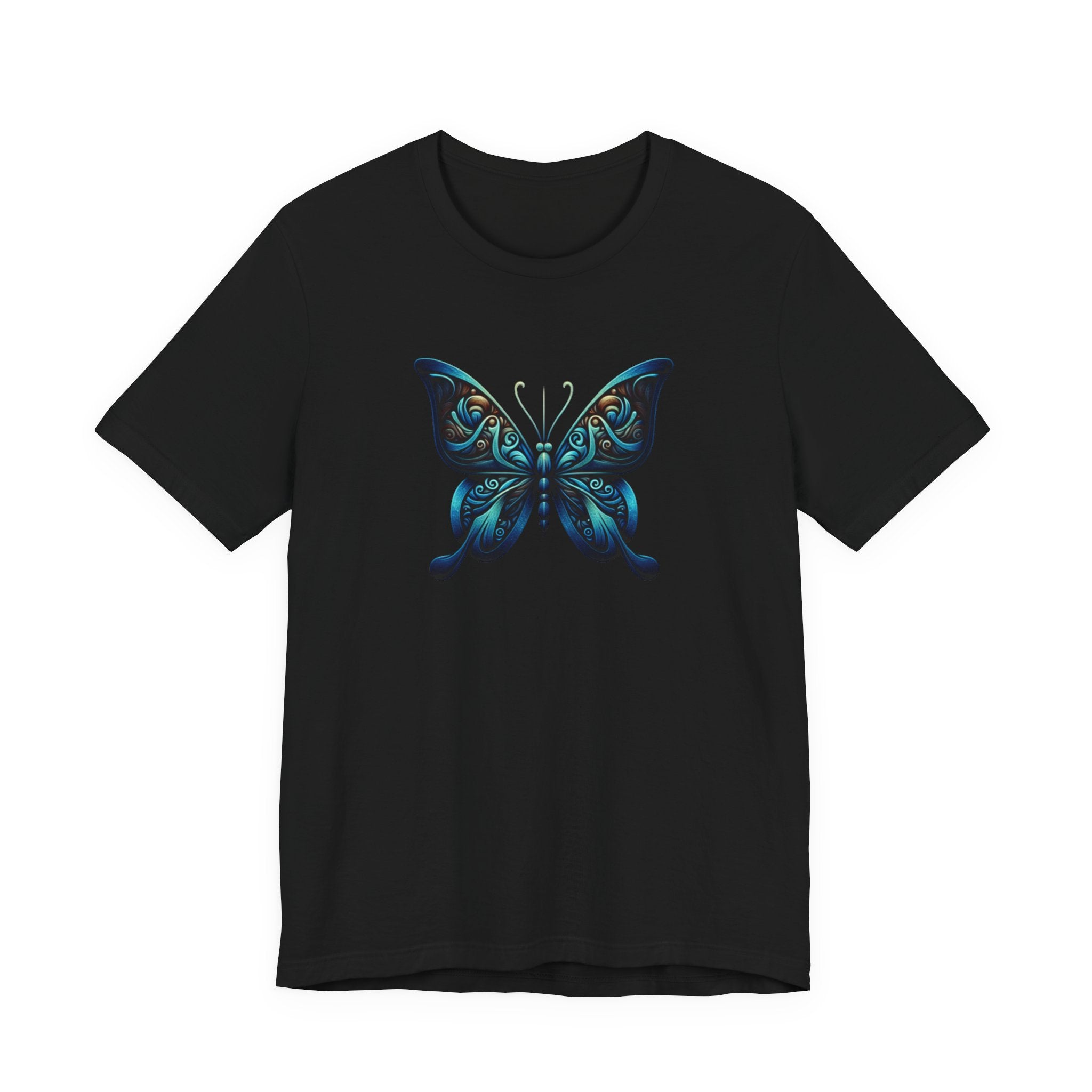 Blue Tribal Butterfly Graphic Tee — Artistic Nature Graphic T-Shirt