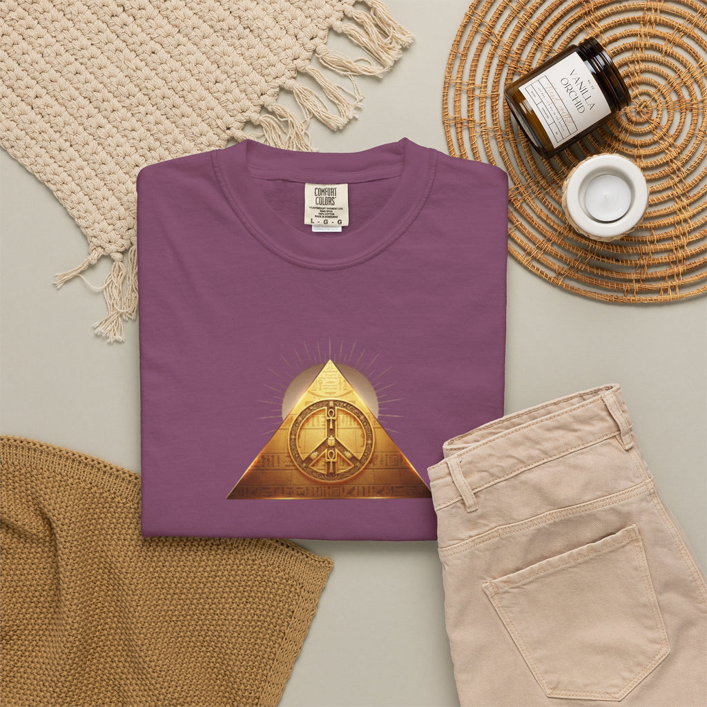 Gold Peace Pyramid Tee — Radiant Sun Graphic T-Shirt