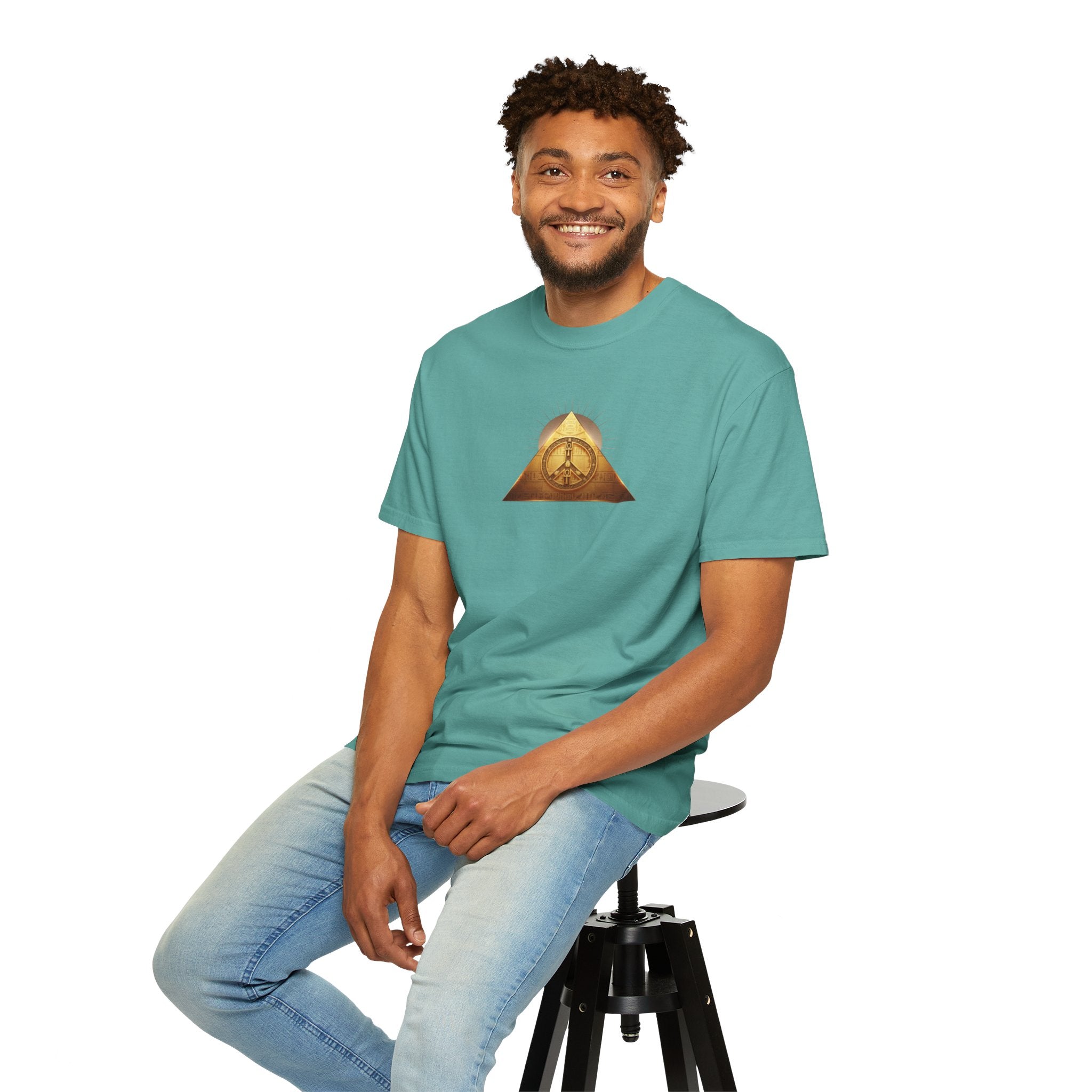 Gold Peace Pyramid Tee — Radiant Sun Graphic T-Shirt