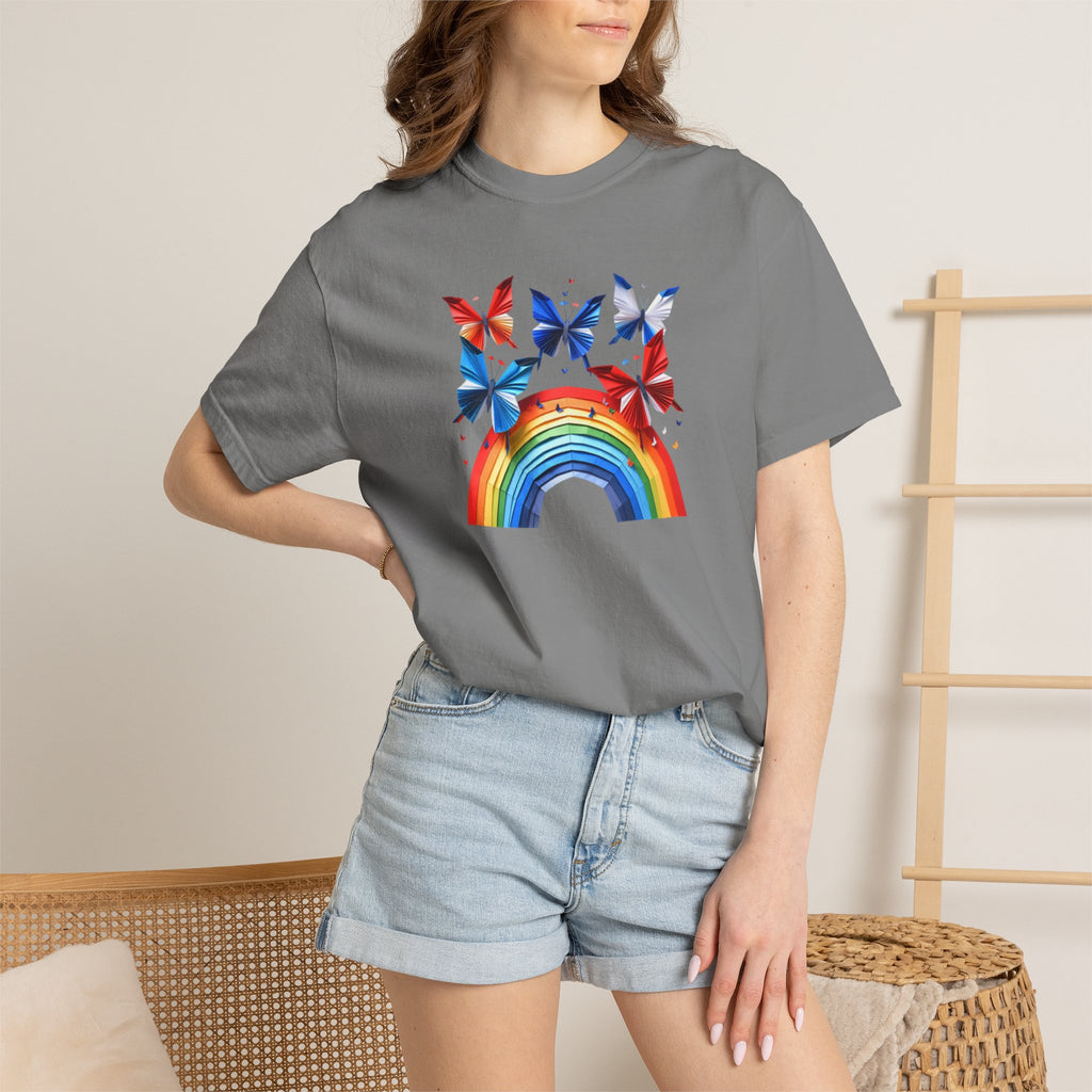 Positive Vibes Tee — Rainbow and Butterflies Graphic Design Tee