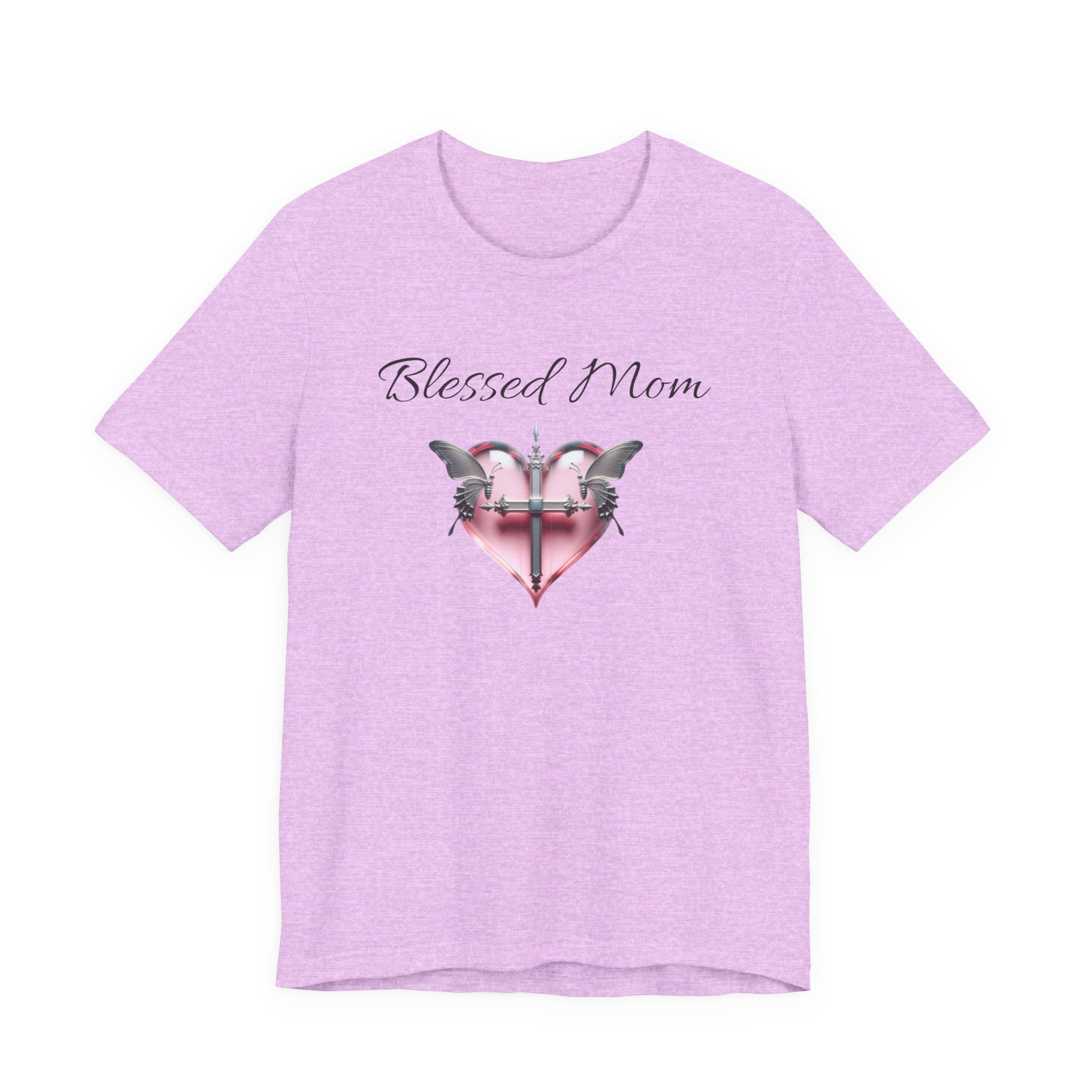 Blessed Mom Graphic Design T-Shirt - Pink Heart and Silver Gothic Cross with Butterflies