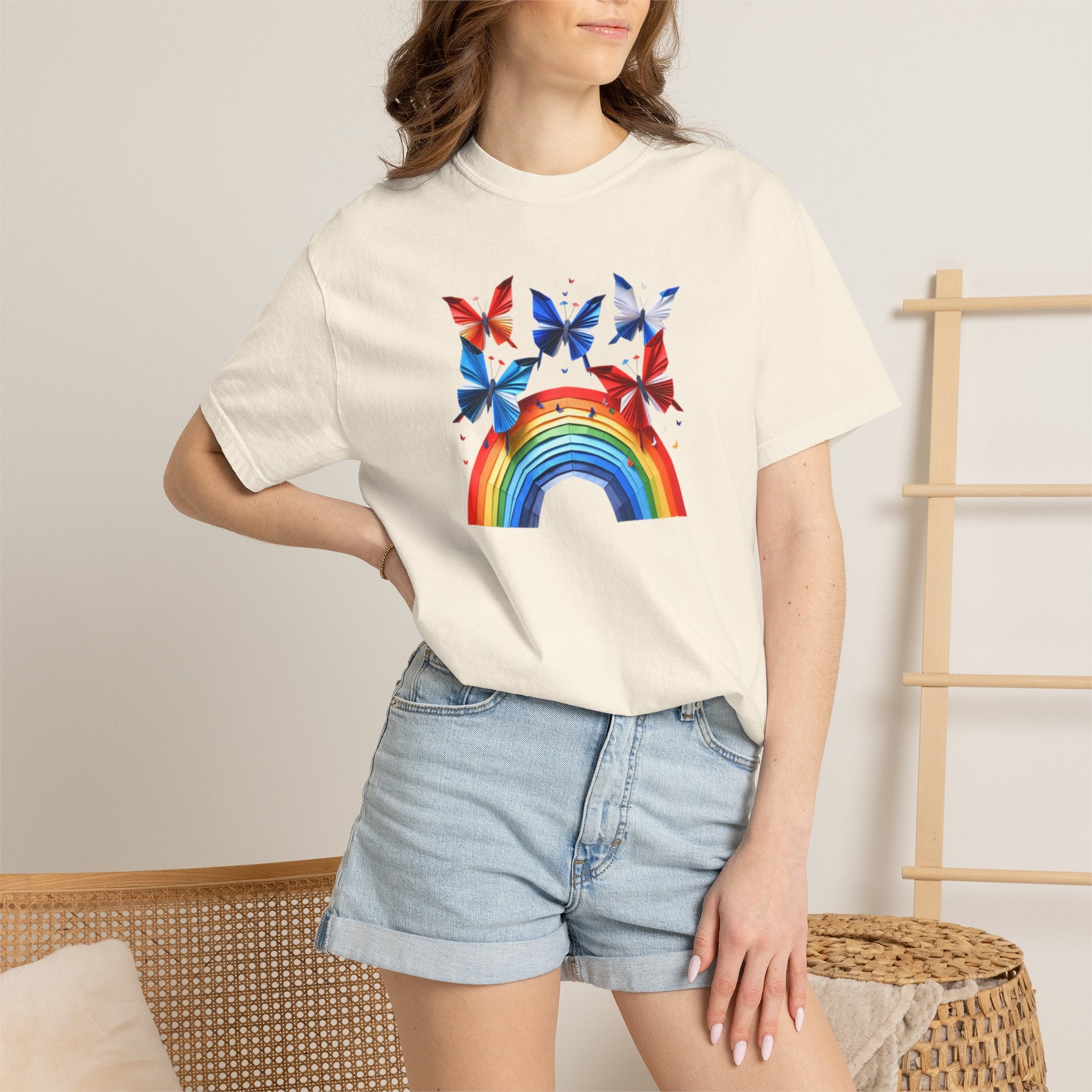 Positive Vibes Tee — Rainbow and Butterflies Graphic Design Tee