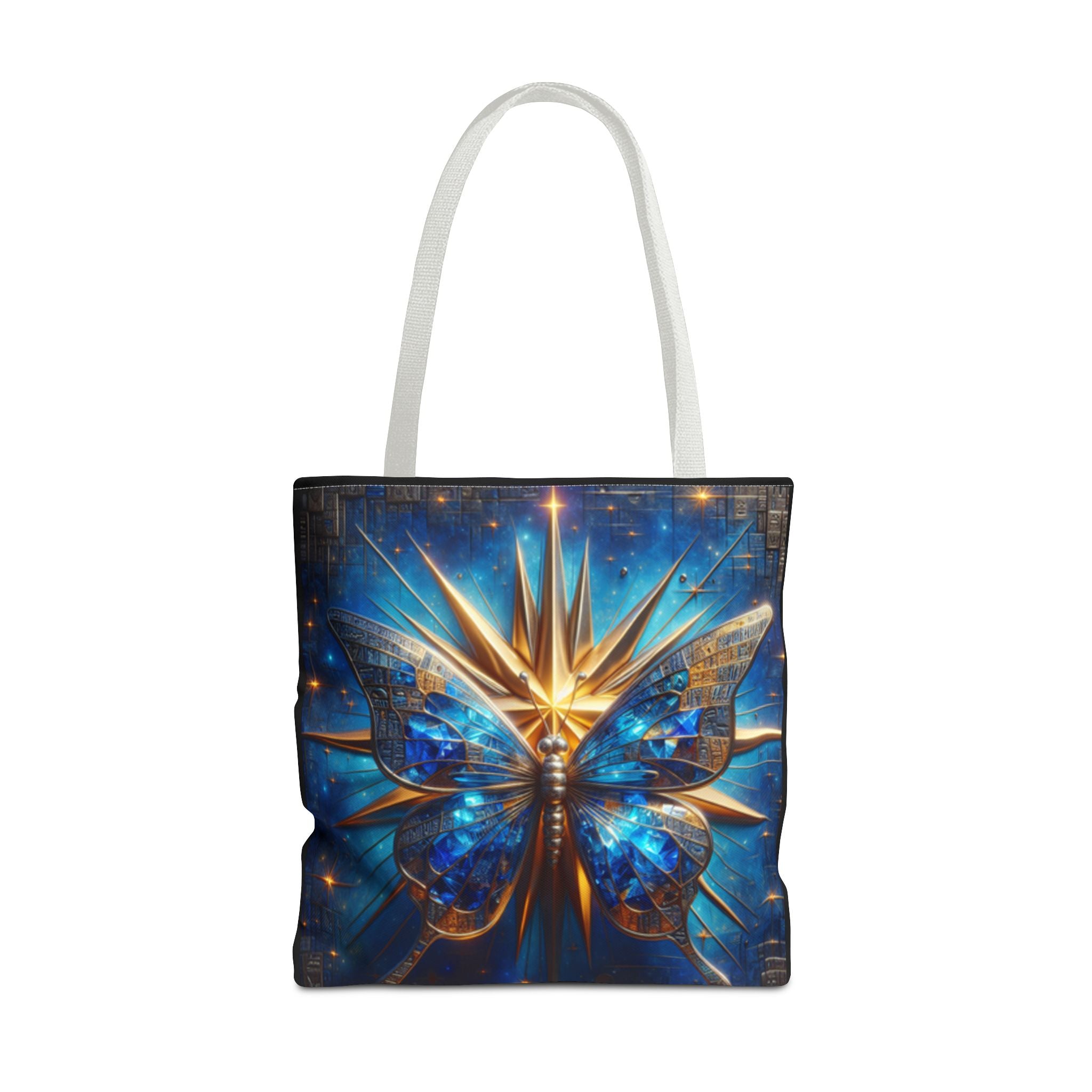 Galactic Peace Graphic Design Tote Bag — Blue Butterfly with Gold Starburst Graphic Design Bag