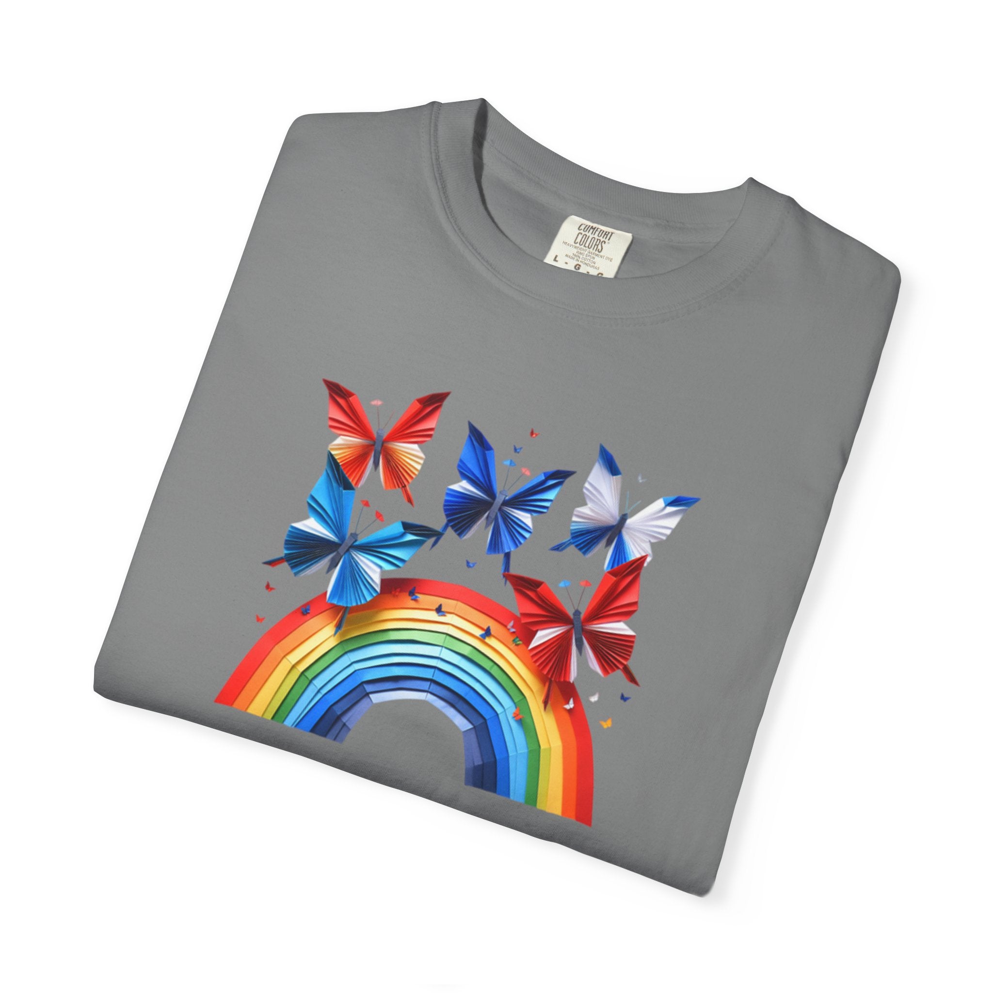 Positive Vibes Tee — Rainbow and Butterflies Graphic Design Tee