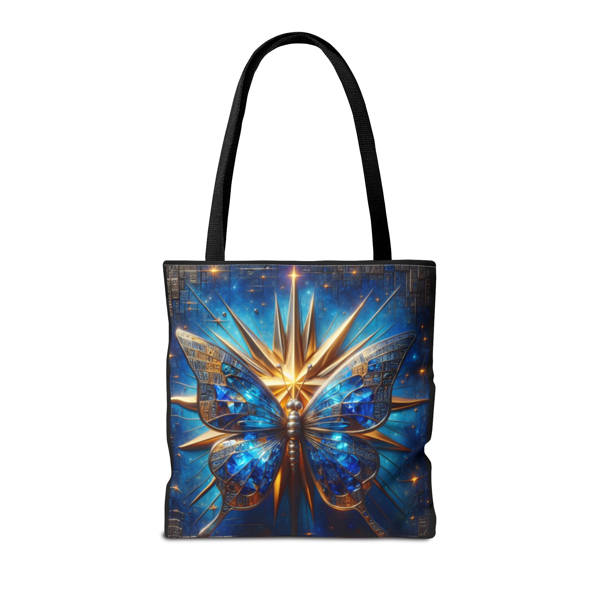 Galactic Peace Graphic Design Tote Bag — Blue Butterfly with Gold Starburst Graphic Design Bag