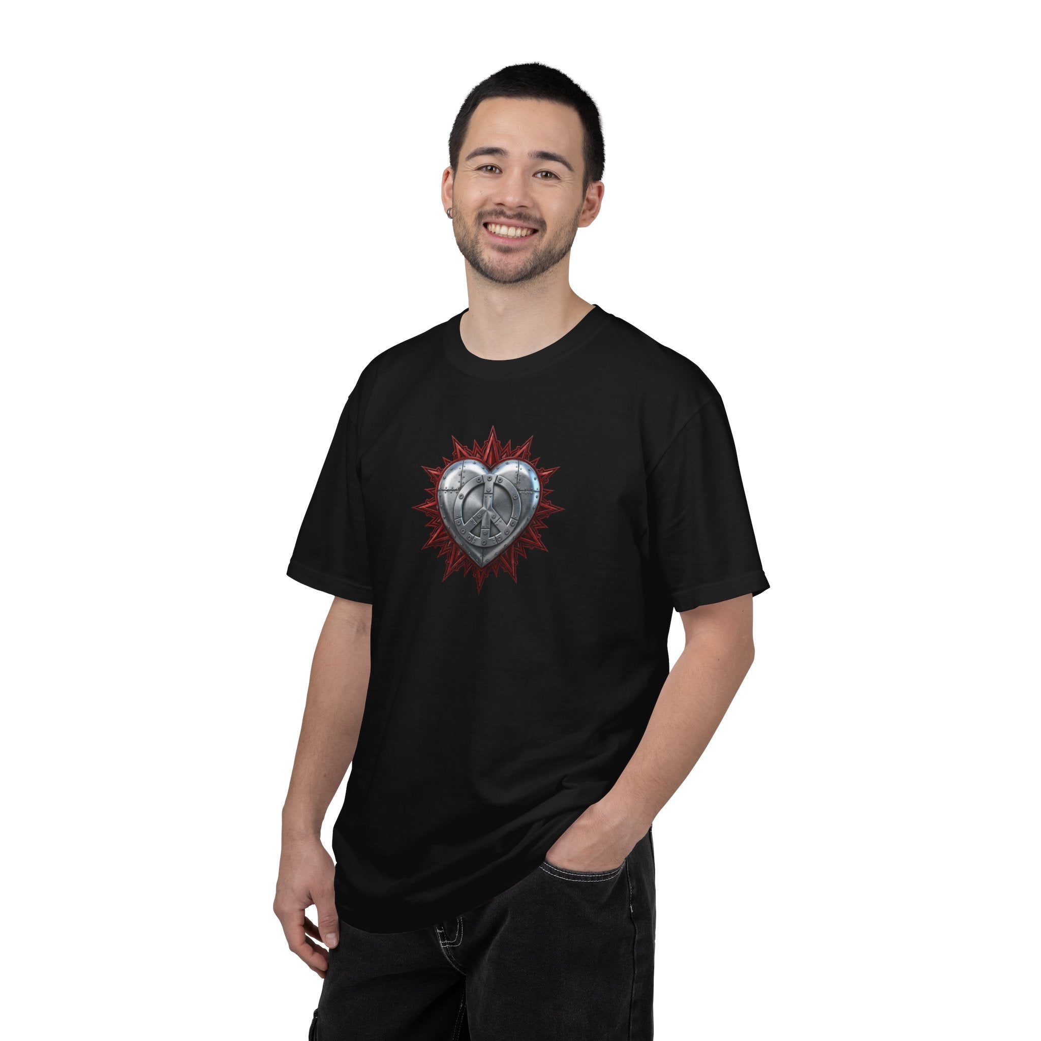 Fortified Peace Graphic T-Shirt  —  Metallic Heart and Peace Sign Graphic Design T-Shirt
