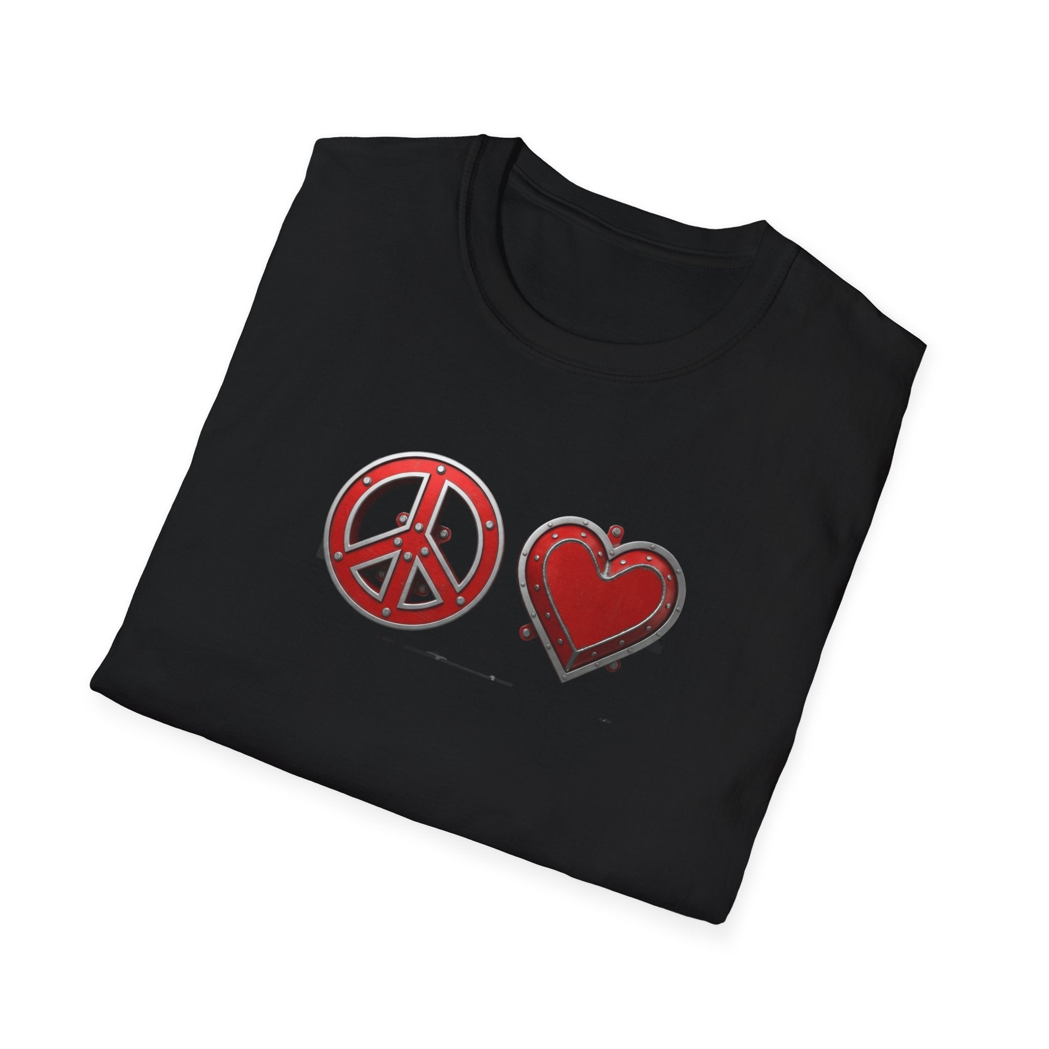 Peace & Love Graphic T-Shirt — Vintage Red Metal Peace Sign and Red Metal Heart Graphic Design Tee
