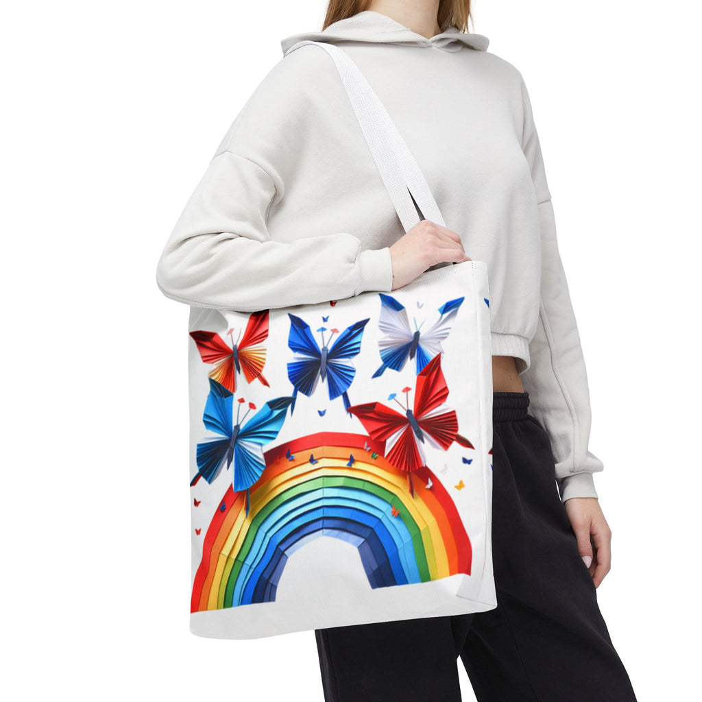 Positive Energy Tote Bag — Colorful Rainbow and Butterflies Graphic Design