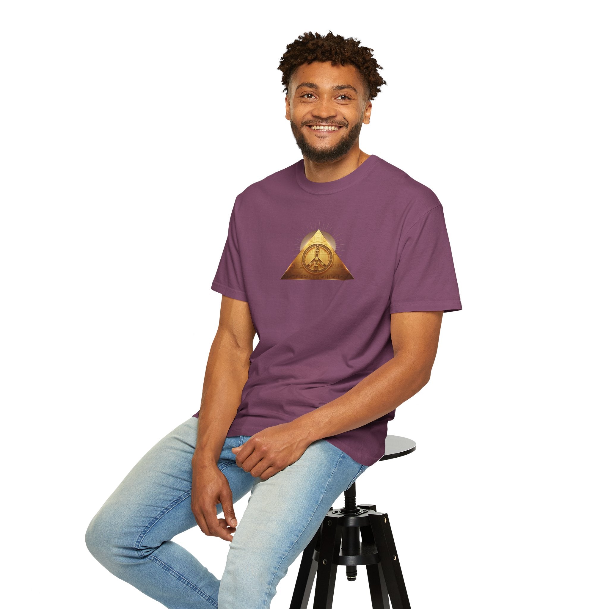 Gold Peace Pyramid Tee — Radiant Sun Graphic T-Shirt
