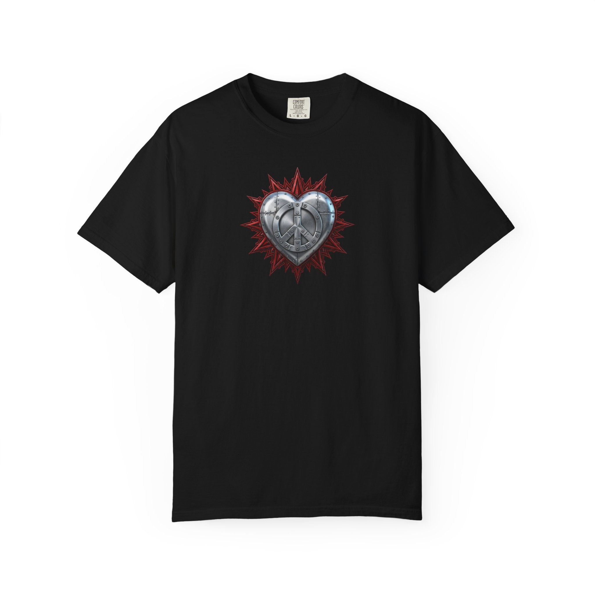 Fortified Peace Graphic T-Shirt  —  Metallic Heart and Peace Sign Graphic Design T-Shirt