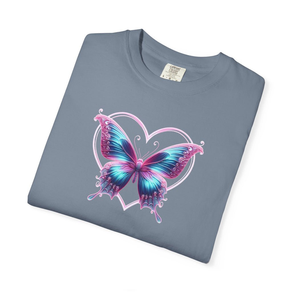 Butterfly and Heart T-Shirt - Vibrant Butterfly Graphic Design