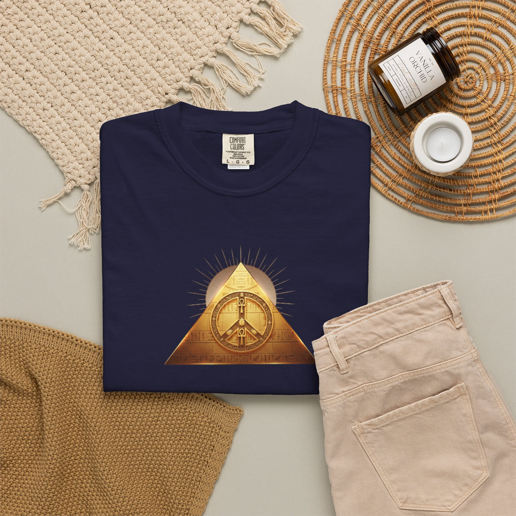 Gold Peace Pyramid Tee — Radiant Sun Graphic T-Shirt