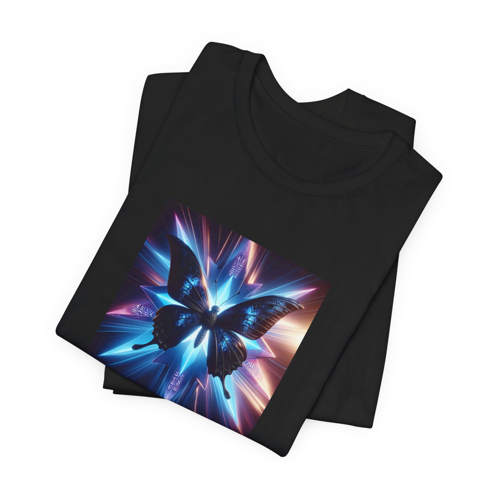 Peaceful Galaxy Tee — Neon Blue Cosmic Butterfly Graphic T-Shirt