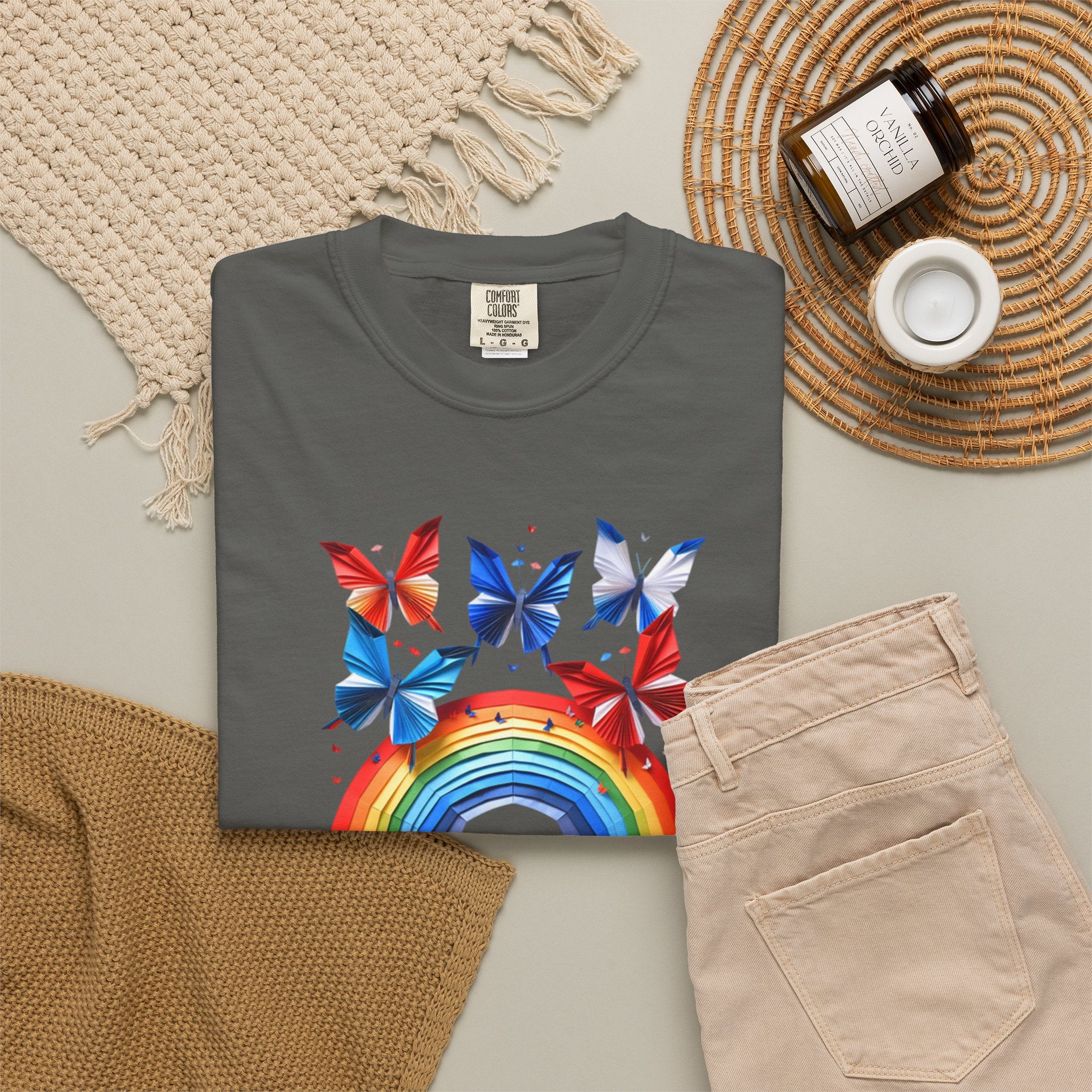 Positive Vibes Tee — Rainbow and Butterflies Graphic Design Tee