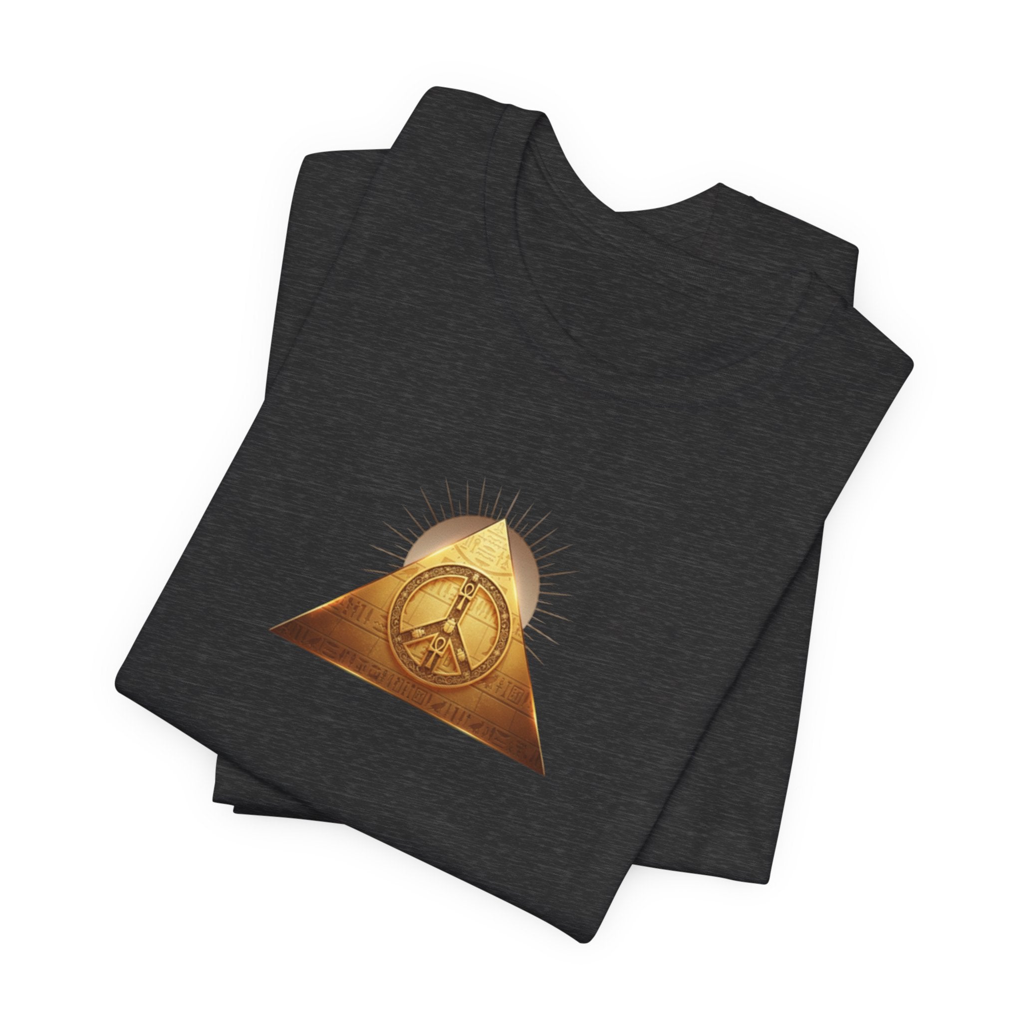Gold Peace Pyramid  Graphic T-Shirt — Egyptian Pyramid and Golden Peace Symbol Graphic Design