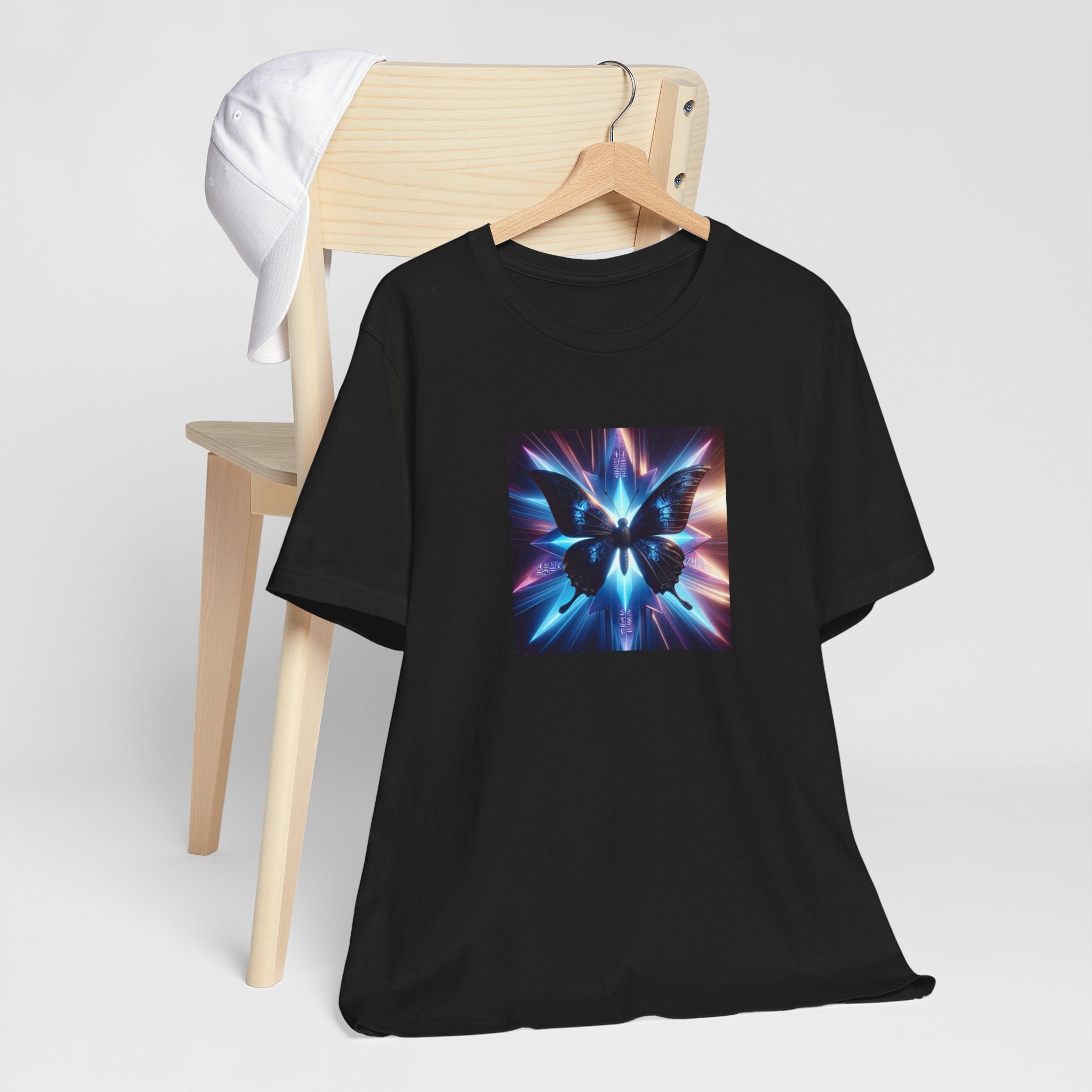 Peaceful Galaxy Tee — Neon Blue Cosmic Butterfly Graphic T-Shirt