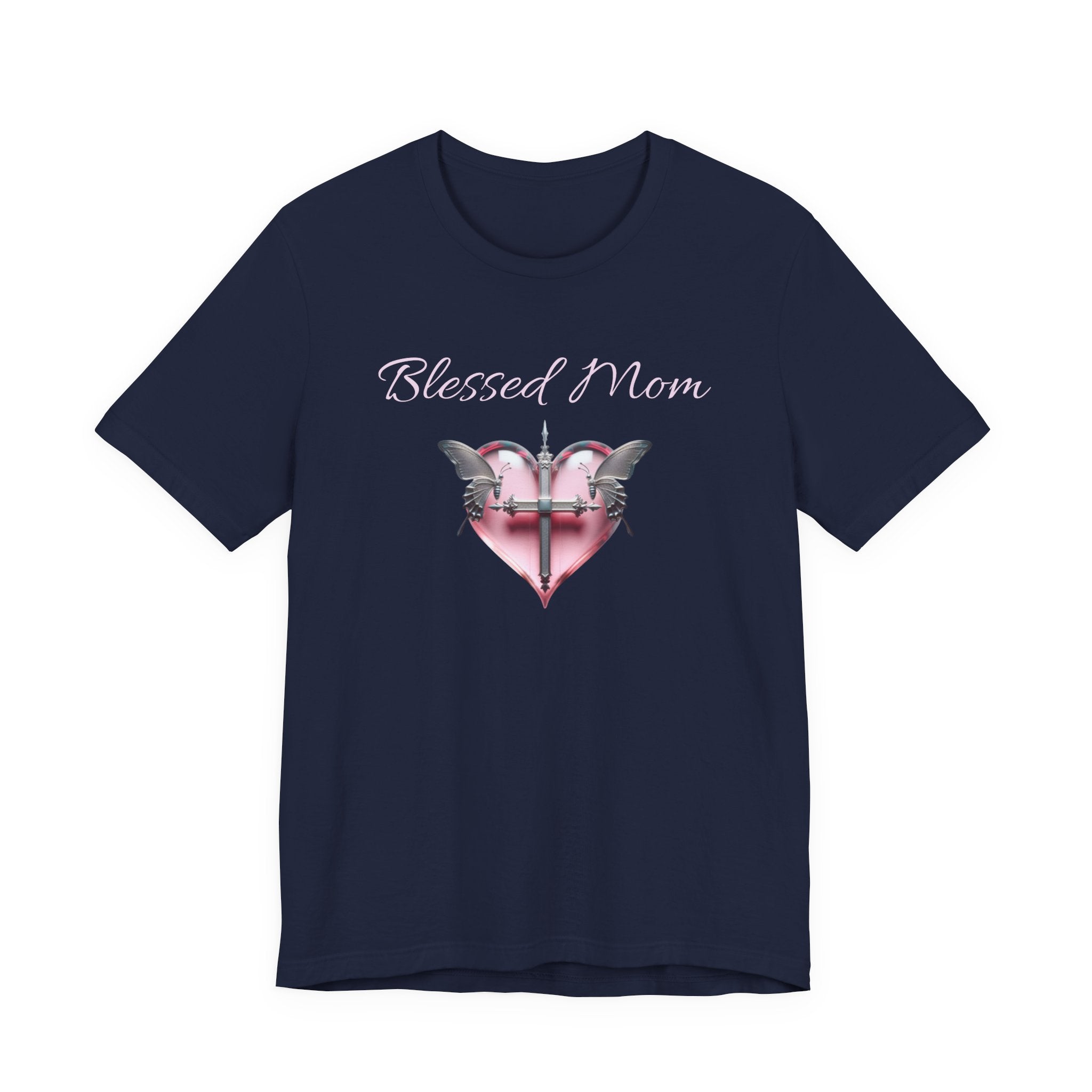 Blessed Mom Graphic Design T-Shirt - Pink Heart and Silver Gothic Cross with Butterflies