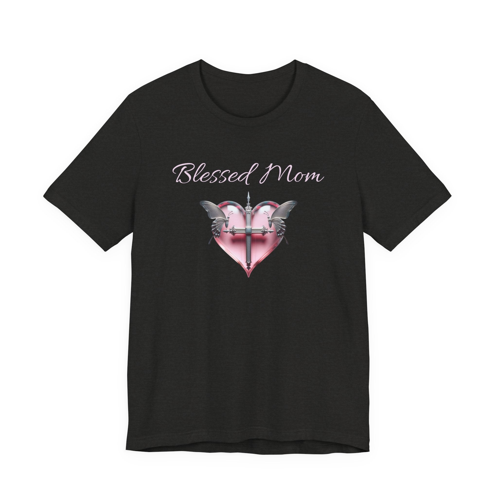 Blessed Mom Graphic Design T-Shirt - Pink Heart and Silver Gothic Cross with Butterflies