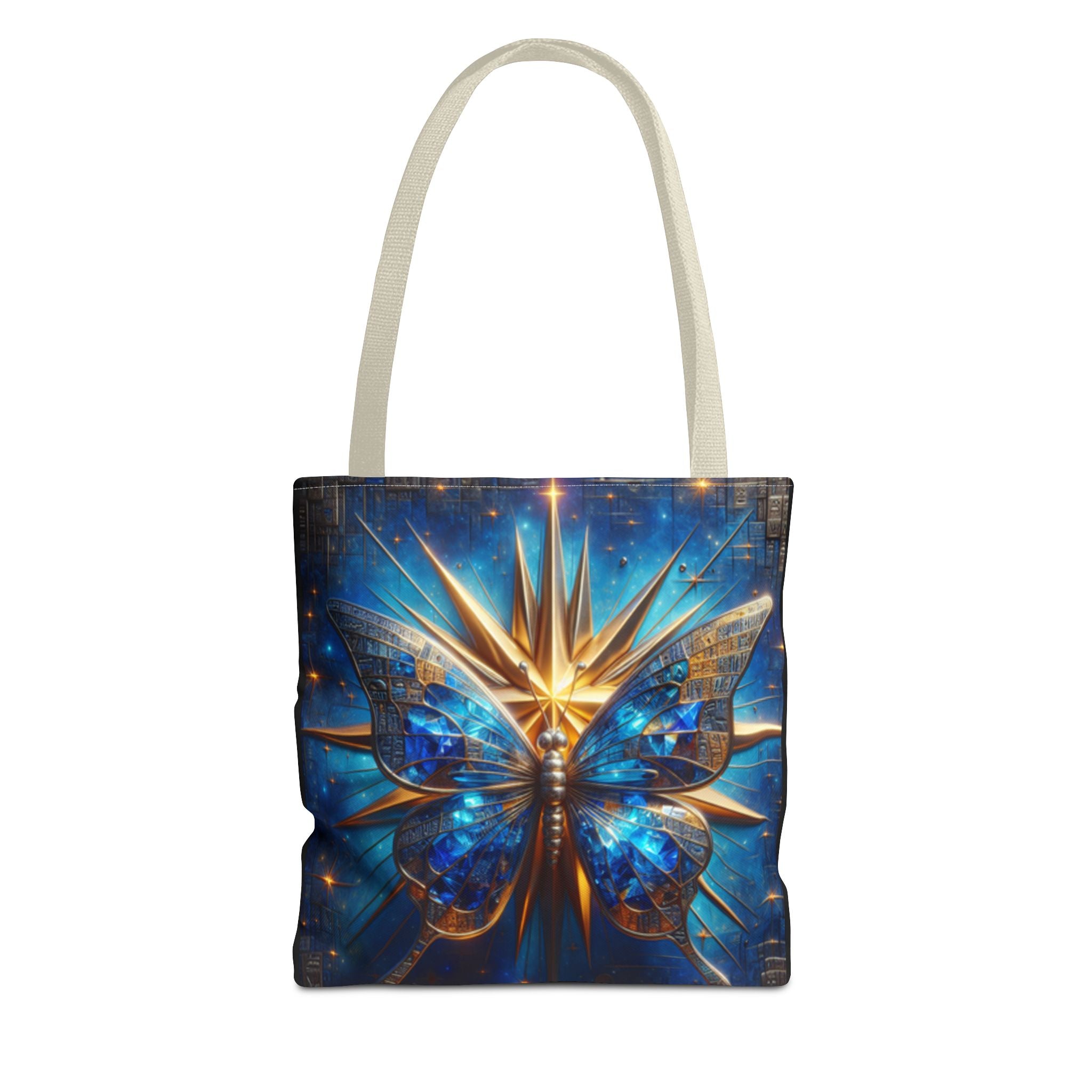 Galactic Peace Graphic Design Tote Bag — Blue Butterfly with Gold Starburst Graphic Design Bag