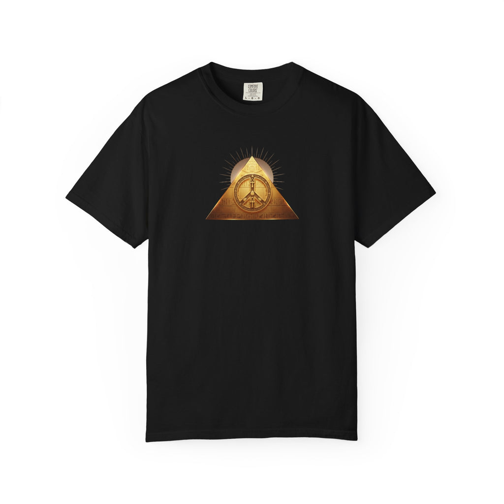 Gold Peace Pyramid Tee — Radiant Sun Graphic T-Shirt