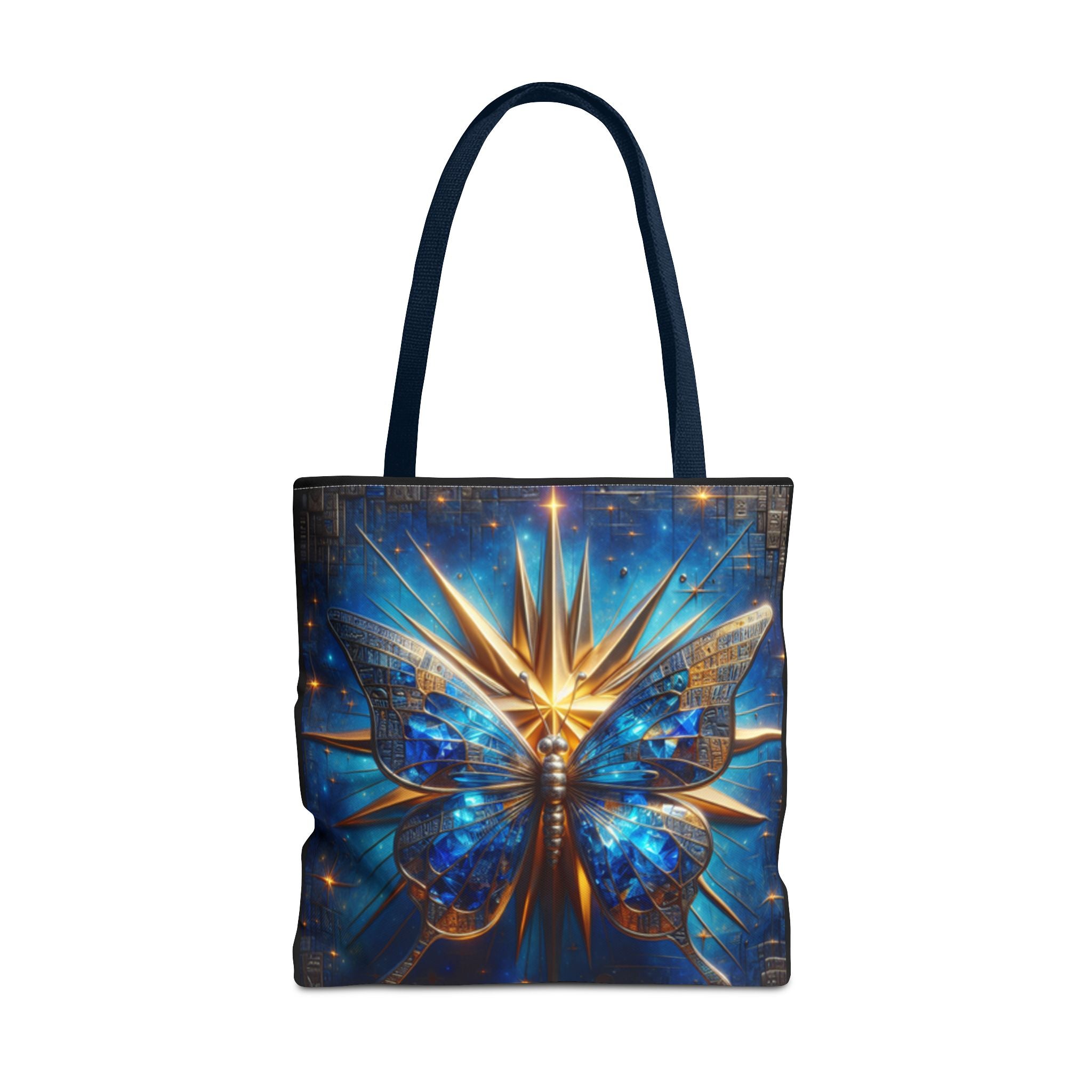 Galactic Peace Graphic Design Tote Bag — Blue Butterfly with Gold Starburst Graphic Design Bag
