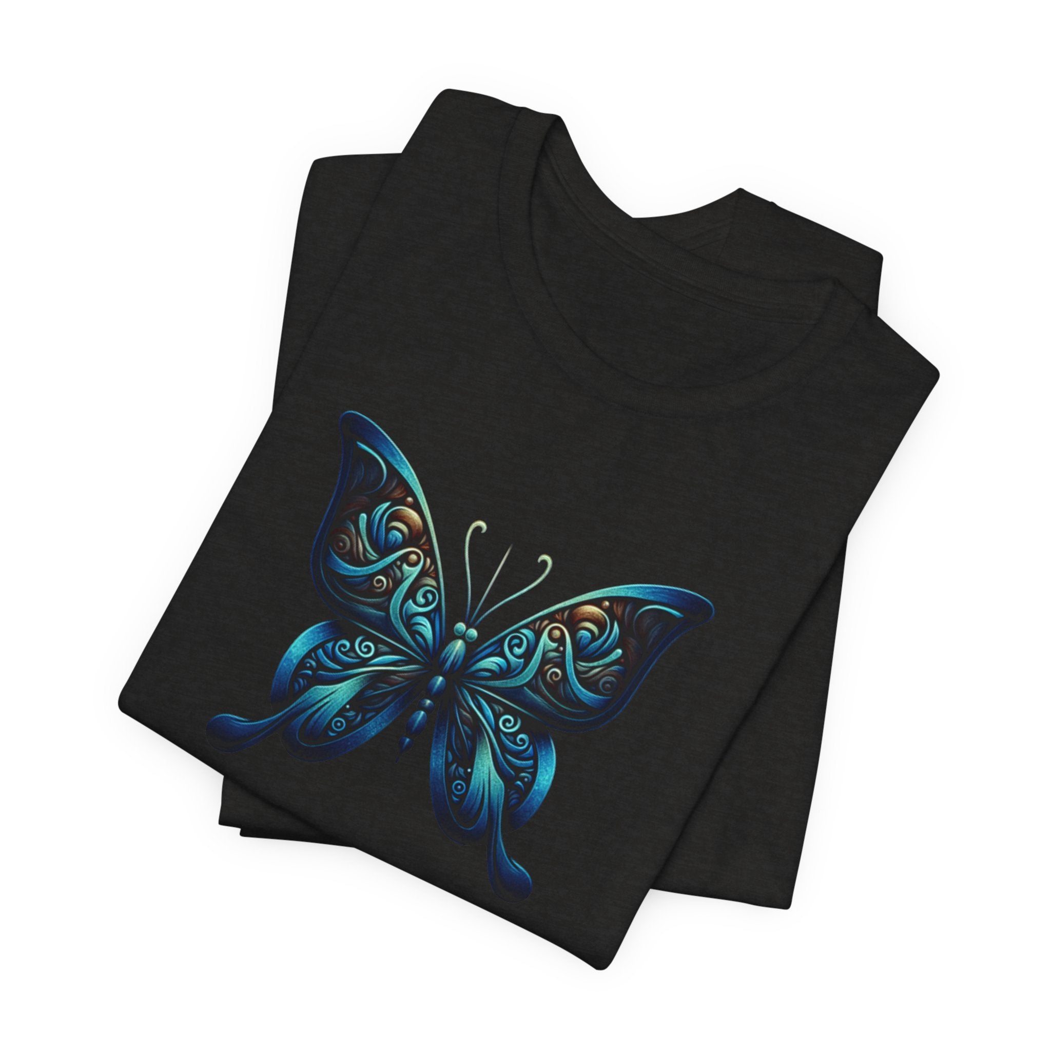 Blue Tribal Butterfly Graphic Tee — Artistic Nature Graphic T-Shirt