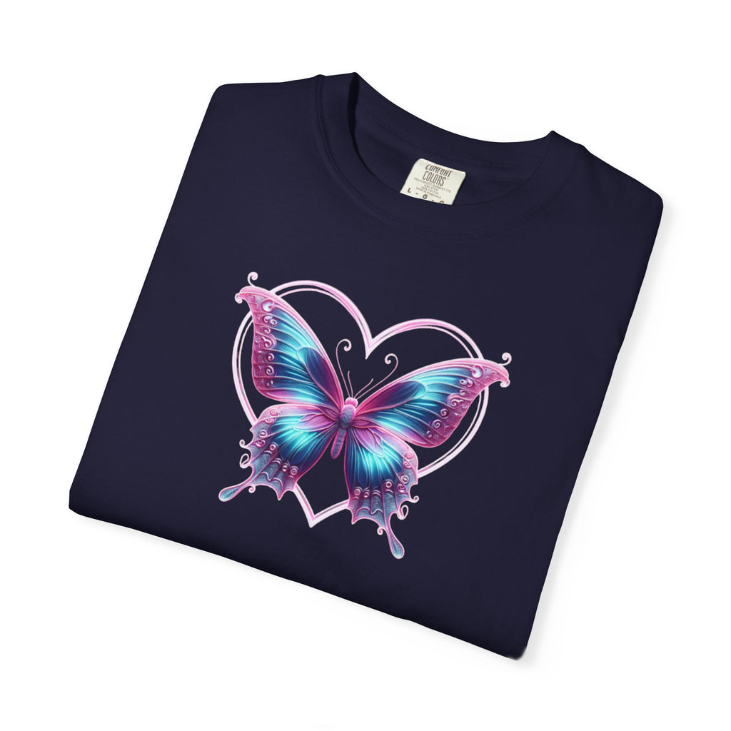 Butterfly and Heart T-Shirt - Vibrant Butterfly Graphic Design