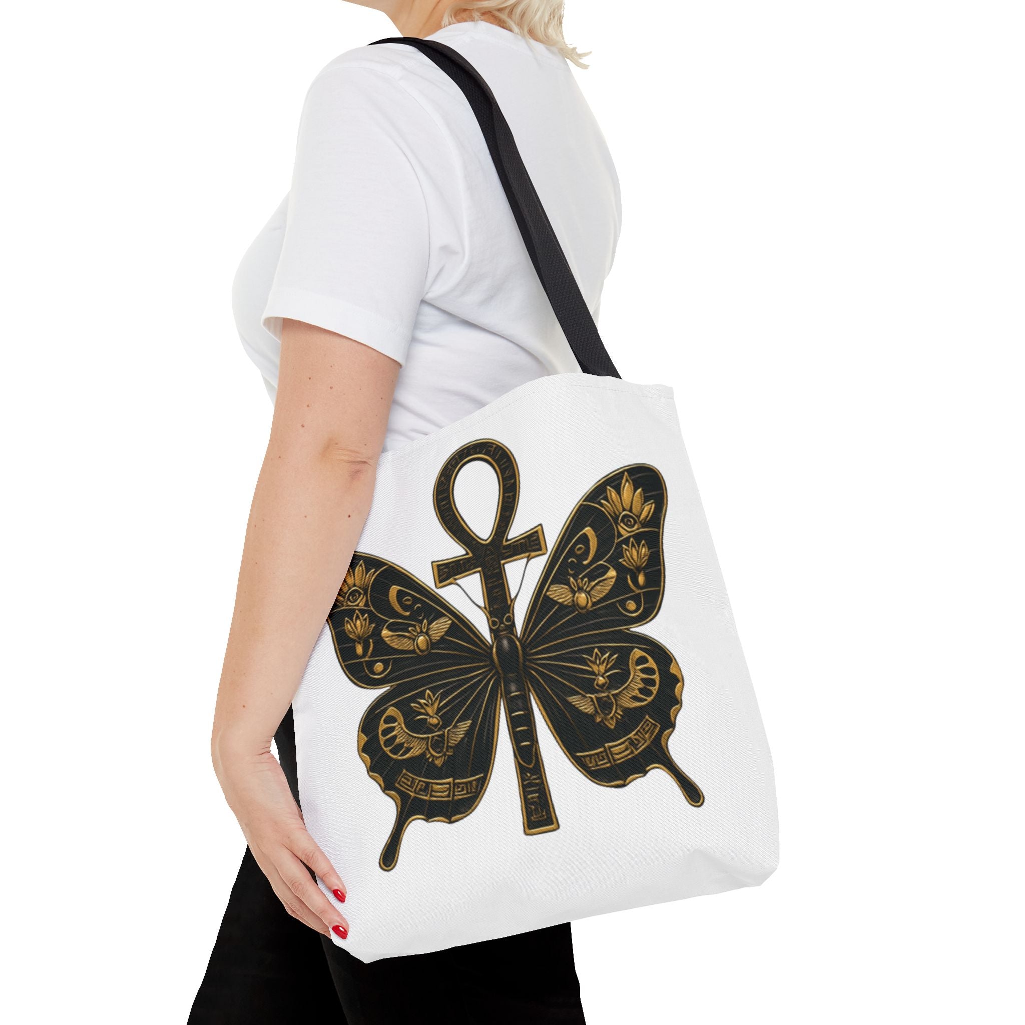 Mystic Peace Butterfly Graphic Design Tote Bag — Egyptian Themed Butterfly and Ankh Design