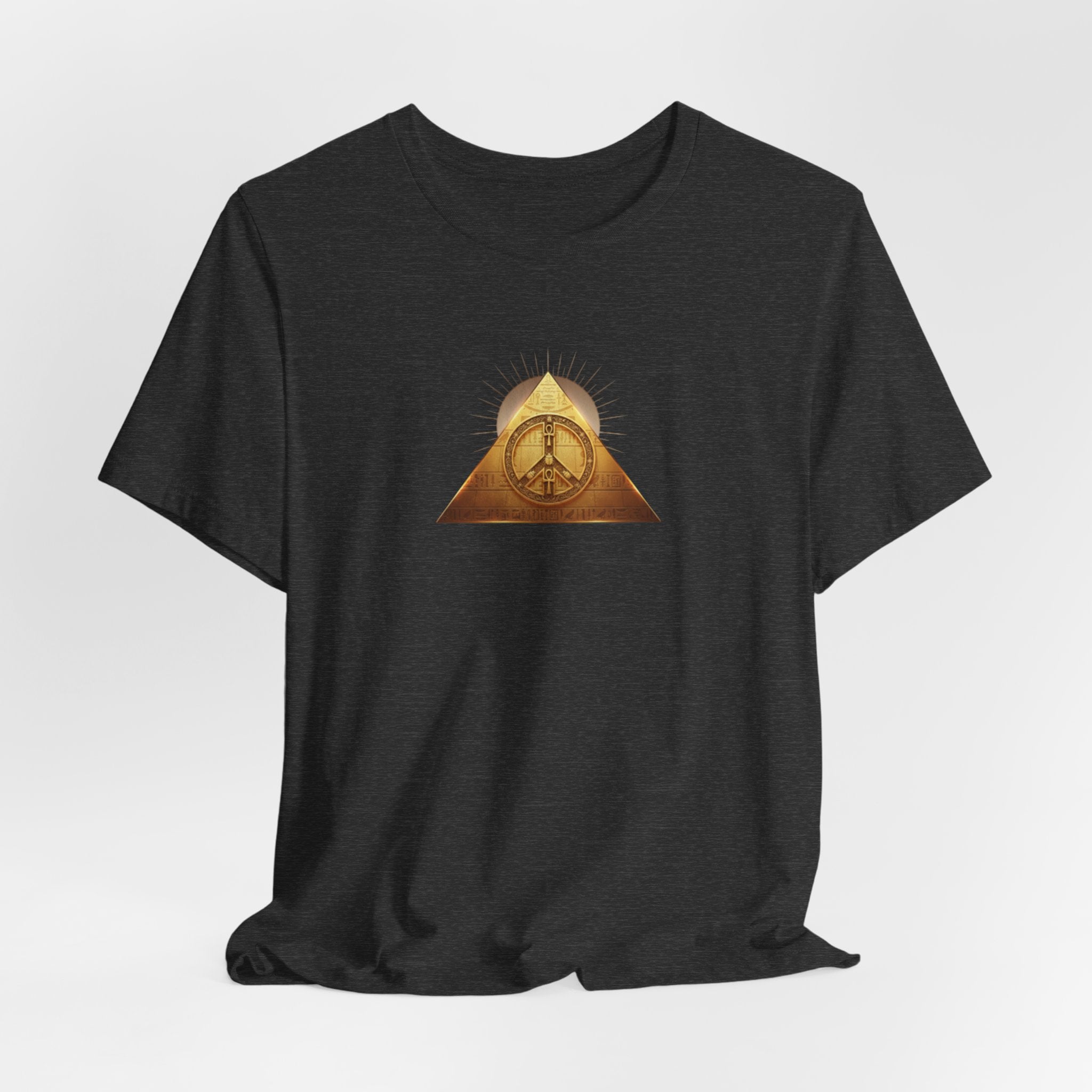 Gold Peace Pyramid  Graphic T-Shirt — Egyptian Pyramid and Golden Peace Symbol Graphic Design