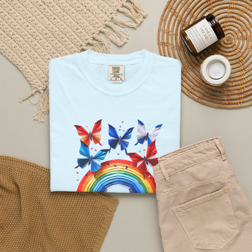 Positive Vibes Tee — Rainbow and Butterflies Graphic Design Tee