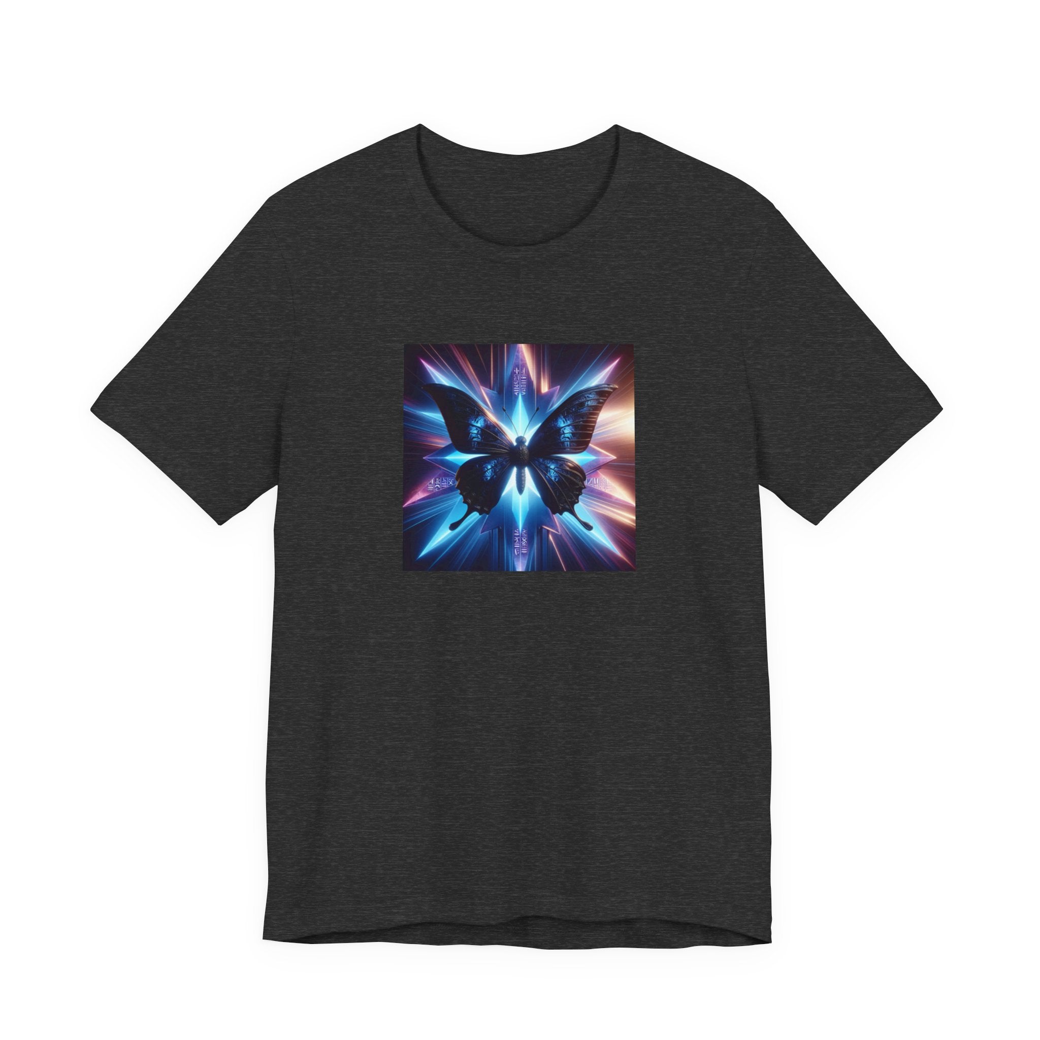 Peaceful Galaxy Tee — Neon Blue Cosmic Butterfly Graphic T-Shirt