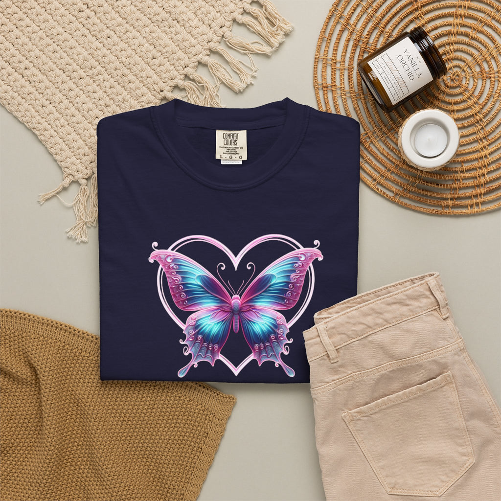 Butterfly and Heart T-Shirt - Vibrant Butterfly Graphic Design