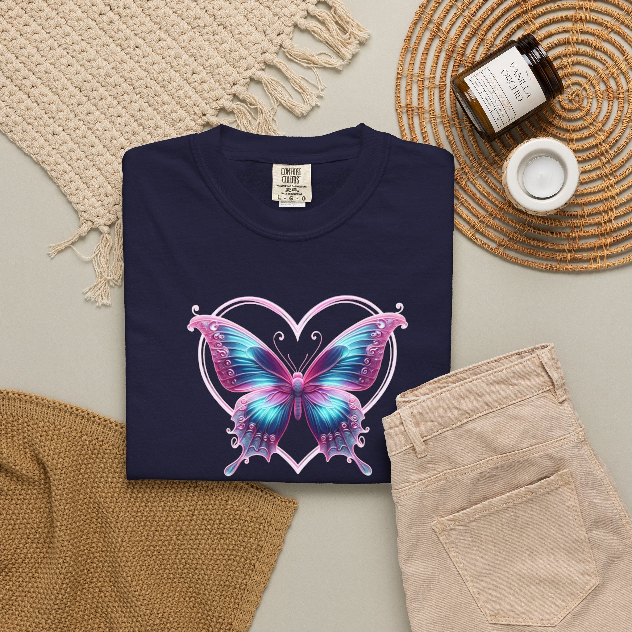 Butterfly and Heart T-Shirt - Vibrant Butterfly Graphic Design