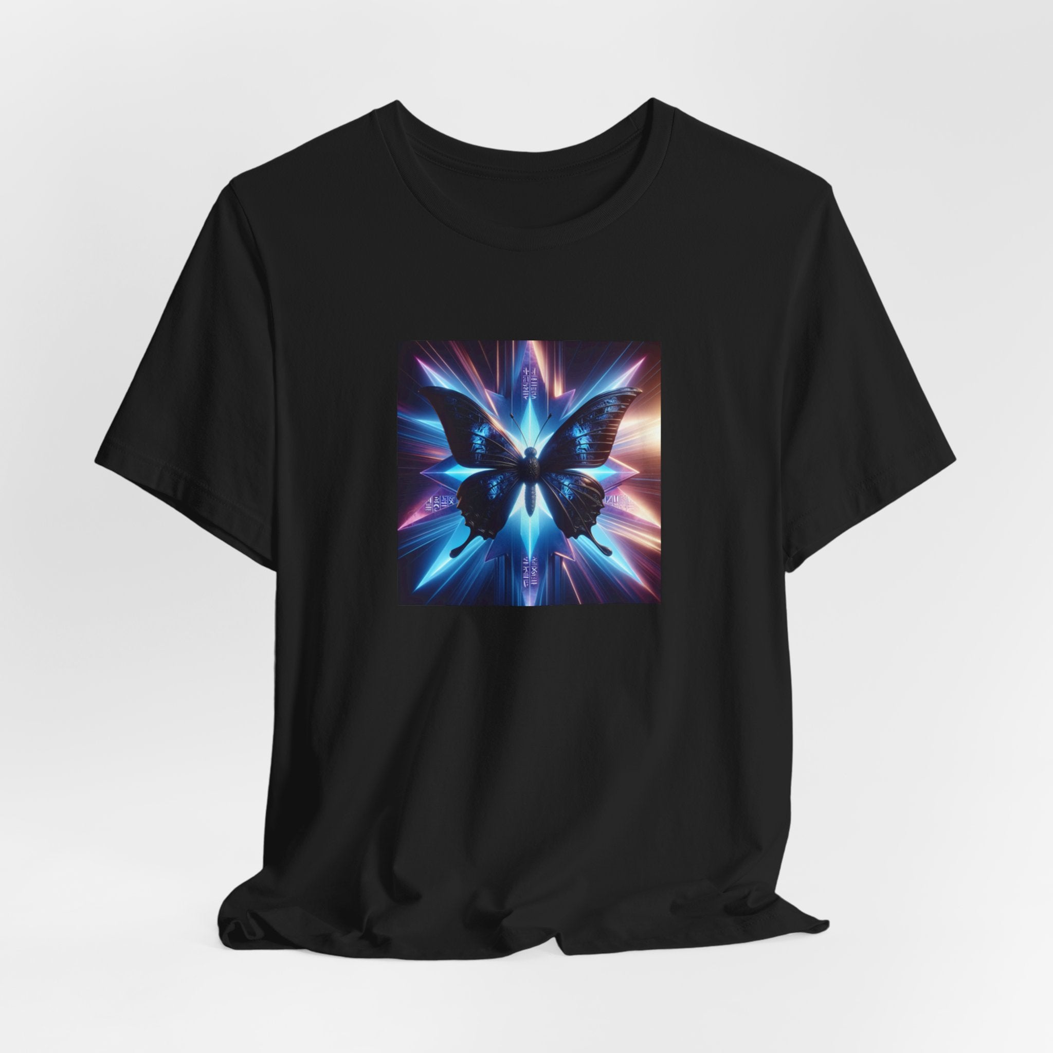 Peaceful Galaxy Tee — Neon Blue Cosmic Butterfly Graphic T-Shirt