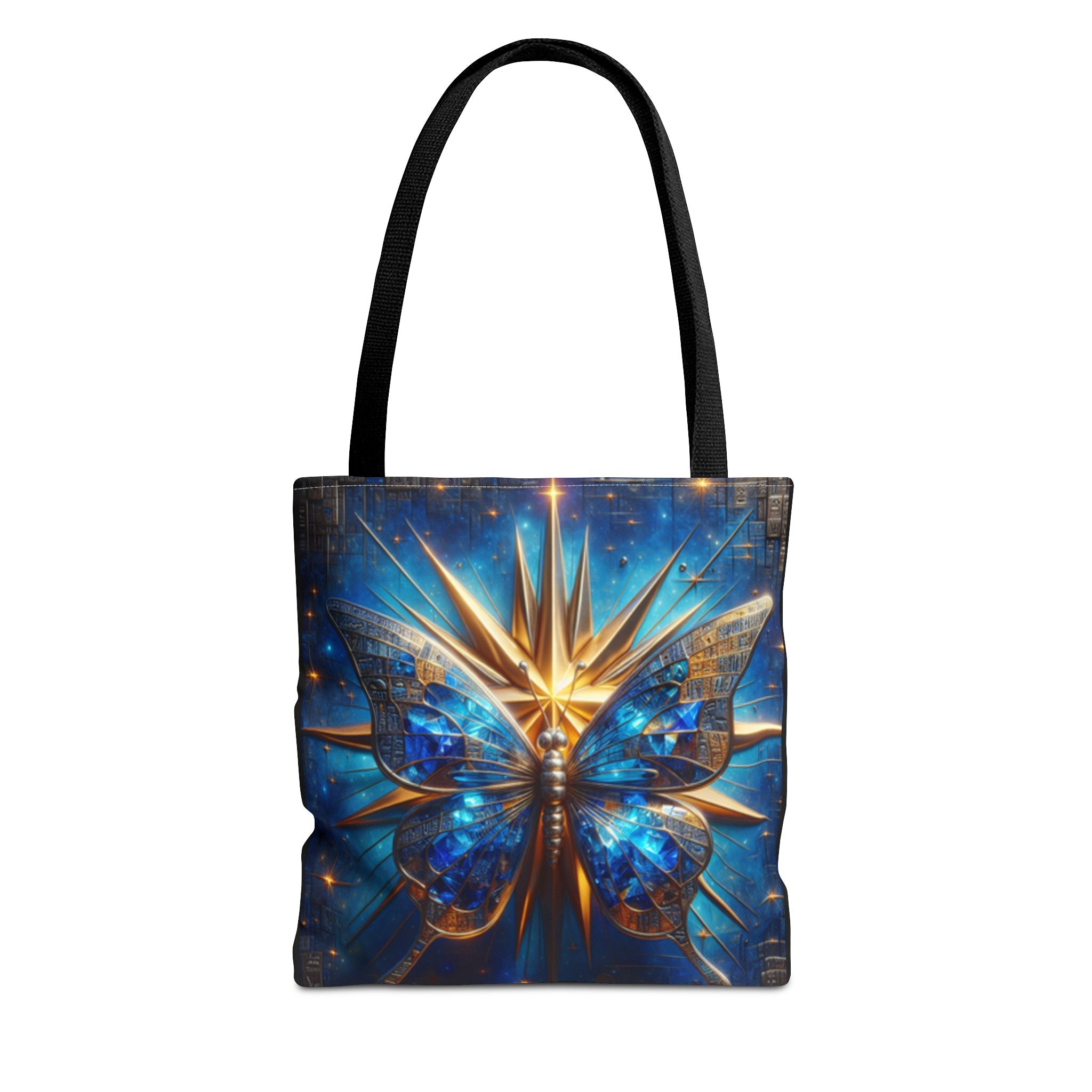 Galactic Peace Graphic Design Tote Bag — Blue Butterfly with Gold Starburst Graphic Design Bag