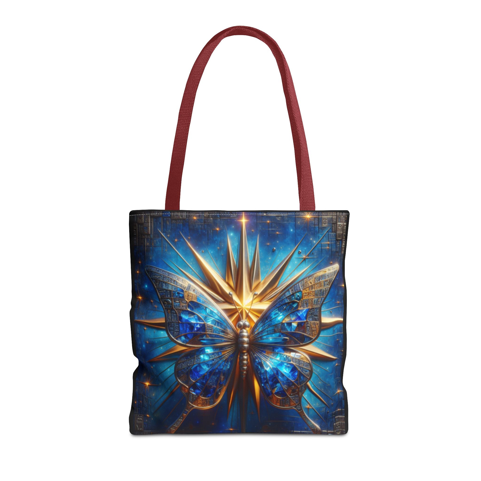 Galactic Peace Graphic Design Tote Bag — Blue Butterfly with Gold Starburst Graphic Design Bag