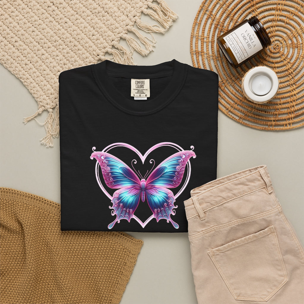 Butterfly and Heart T-Shirt - Vibrant Butterfly Graphic Design