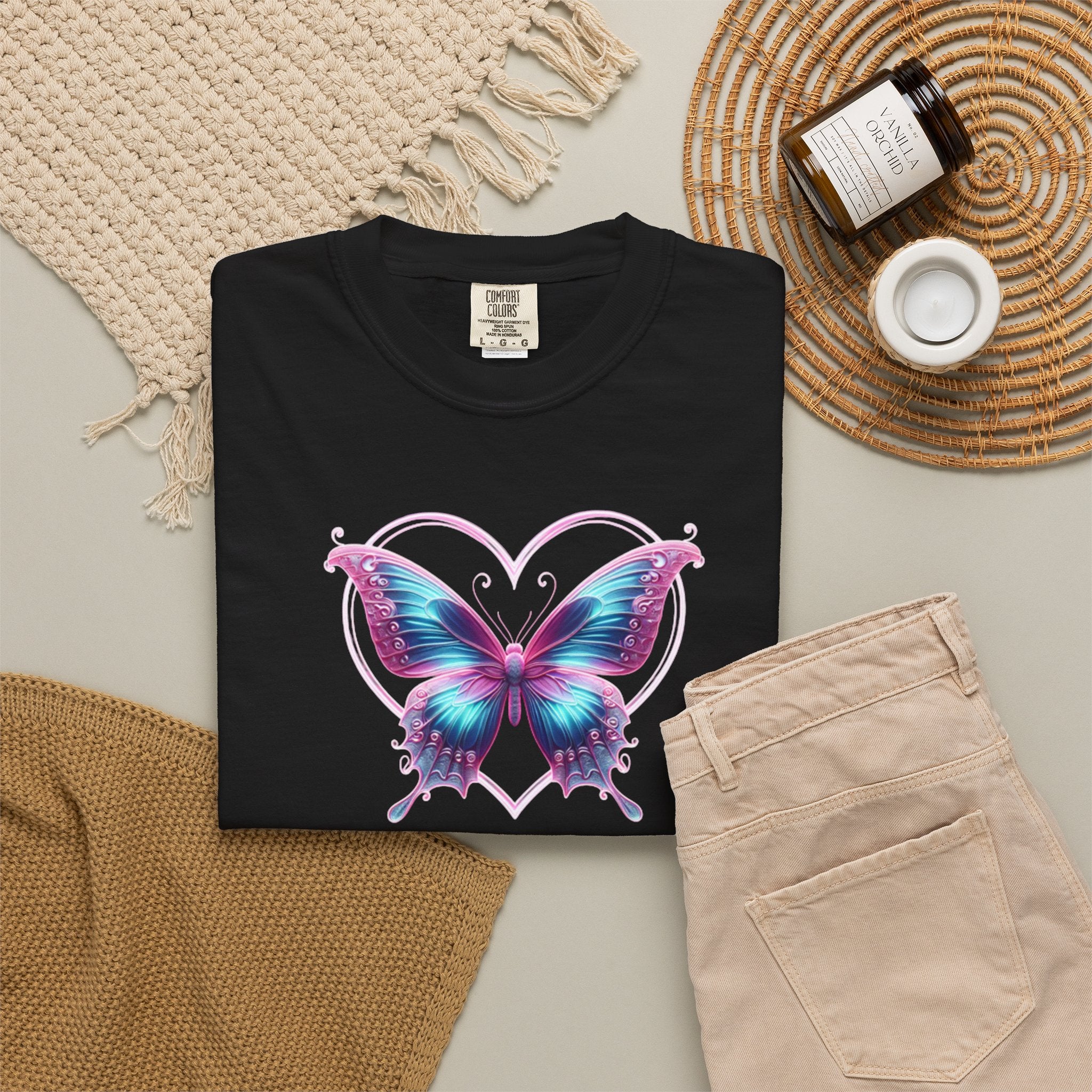 Butterfly and Heart T-Shirt - Vibrant Butterfly Graphic Design