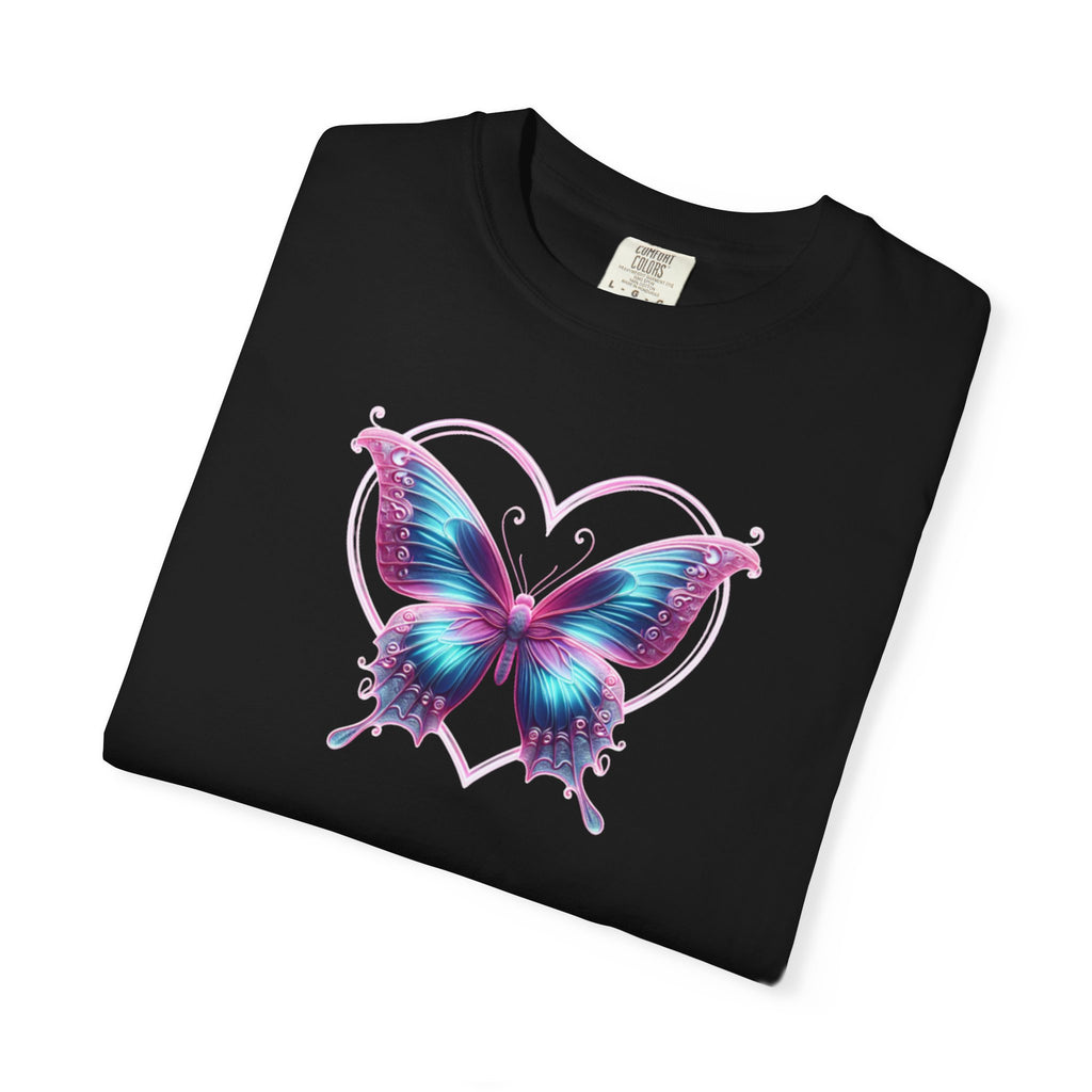 Butterfly and Heart T-Shirt - Vibrant Butterfly Graphic Design