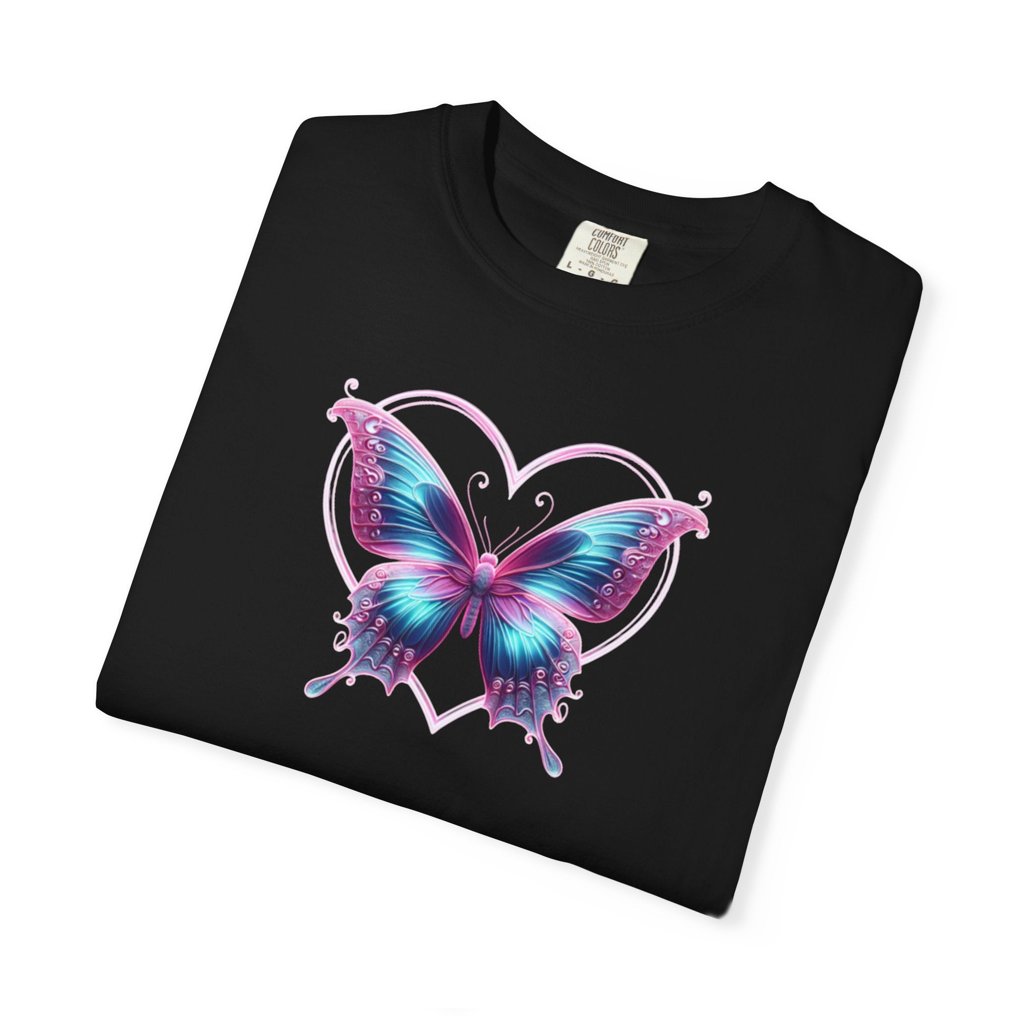Butterfly and Heart T-Shirt - Vibrant Butterfly Graphic Design